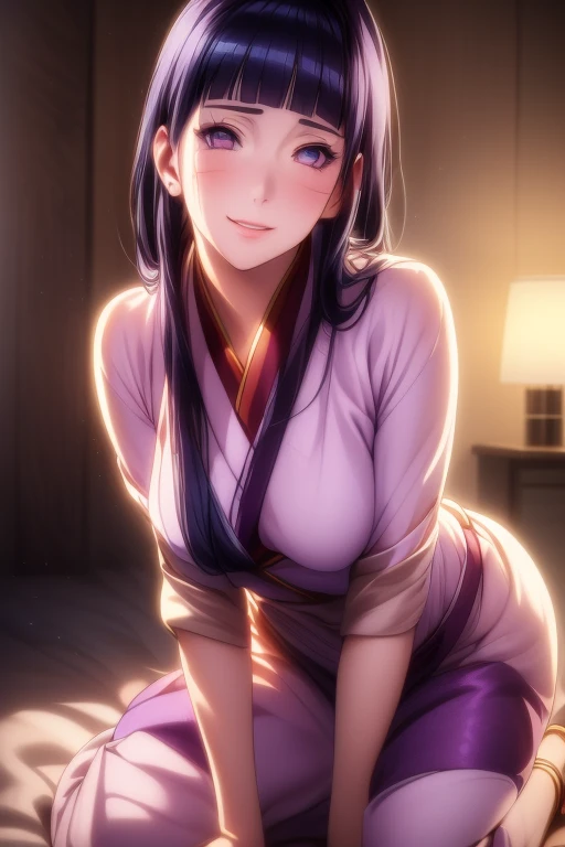 (best quality,4k,8k,highres,masterpiece:1.2),ultra-detailed,(realistic,photorealistic,photo-realistic:1.37),hinata hyuga from naruto, wearing purple saree, perfect body, fit figure of hinata, naughty smiling 