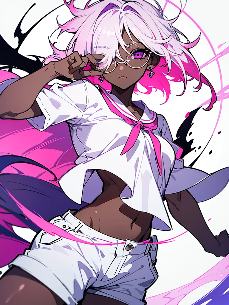 1 woman, adult, ((dark skinned woman, hair over the one eye)), white hair, pink hair, colorful hair, tied up hair, messy hair, purple eye, (glasses), (white shirt, short pants), (underboob), earring like a circle, dynamic pose, masterpiece, from corner, hand gesture