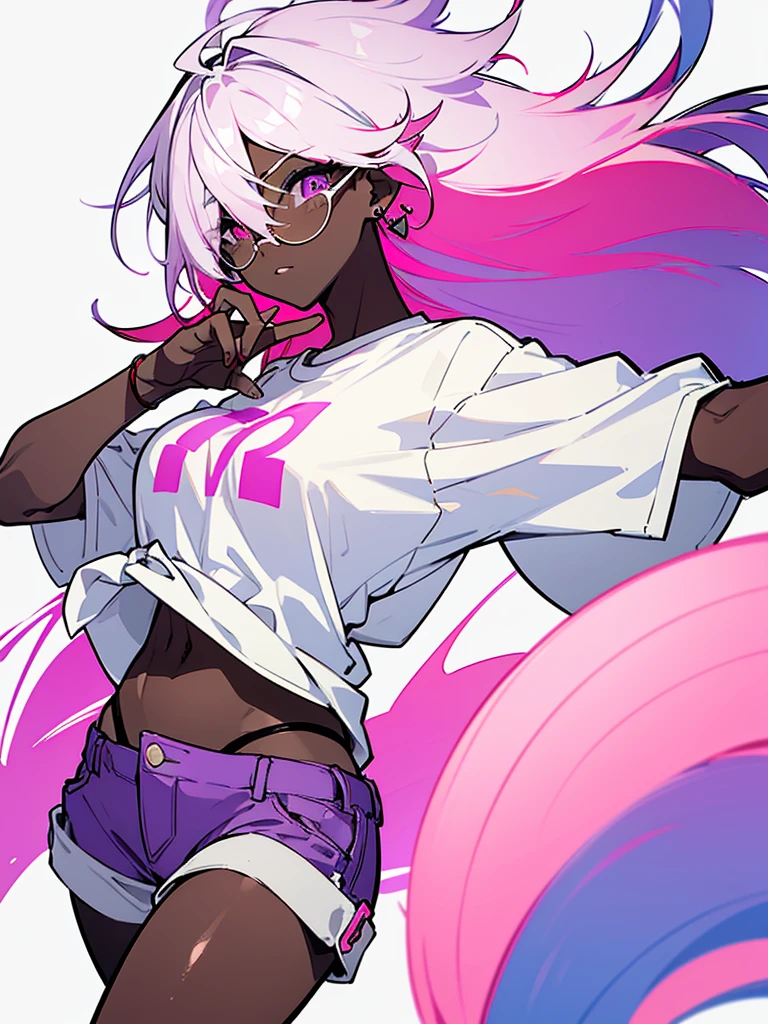 1 woman, adult, ((dark skinned woman, hair over the one eye)), white hair, pink hair, colorful hair, tied up hair, messy hair, purple eye, (glasses), (white shirt, short pants), (underboob), earring like a circle, dynamic pose, masterpiece, from corner, hand gesture