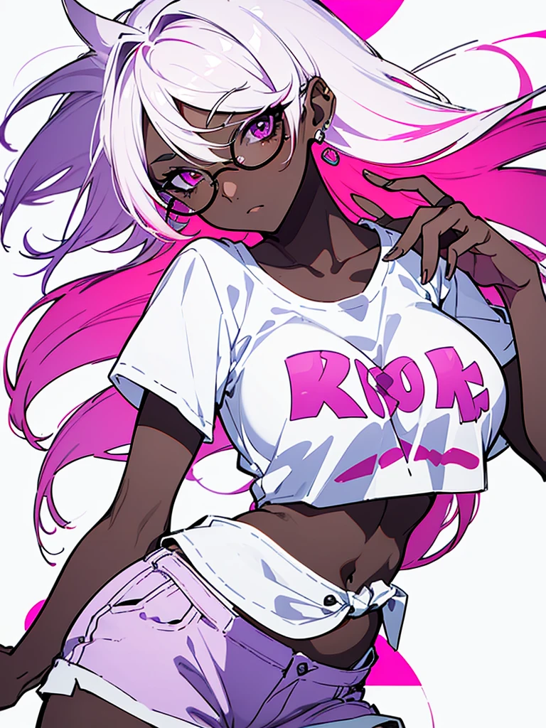 1 woman, adult, ((dark skinned woman, hair over the one eye)), white hair, pink hair, colorful hair, tied up hair, messy hair, purple eye, (glasses), (white shirt, short pants), (underboob), earring like a circle, dynamic pose, masterpiece, from corner, hand gesture