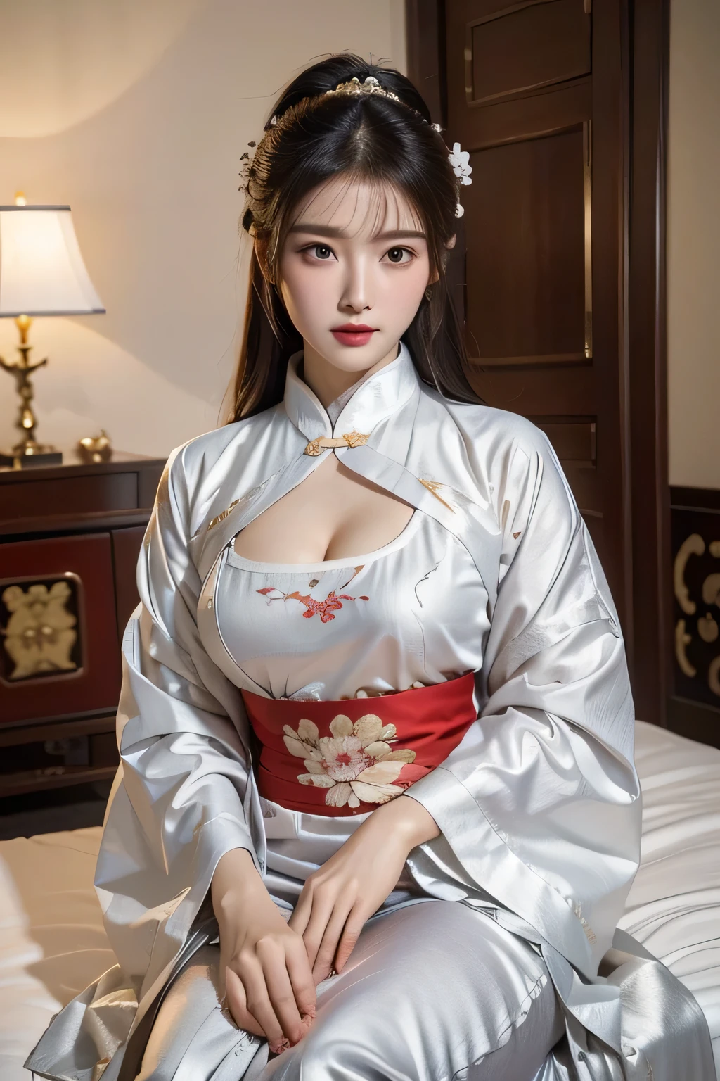 High-quality work,Realistic works,Super premium graphics,8K HD CG works,high quality graphics,High-definition and exquisite CG works,10x pixels,Ultra-fine details:1.1,Advanced technical details:1.1Realistic photo effects,Interior lighting effects:1.5,natural soft light:1.5. Light effect(Virtual light effects:1.8),ultra high resolution,shining dress,sliver long hair,silber hair,transparenthair,high detailed hair(Quality hair details:1.1)Clear eyes,Double eyelids look good,Sharp eye makeup, Create exquisite eyelash makeup, tthin eyebrows, Ultra-detailed eyes,a tall nose, lovely red lips, rosey cheeks, With delicate makeup on her face , pretty face, The face shape is perfectly proportioned,(Advanced facial details:1.1)araffe asian woman in a white dress sitting on a bed, cheongsam, gorgeous chinese model, chinese dress, chinese style, a beautiful fantasy empress, palace , a girl in hanfu, with acient chinese clothes, white hanfu, chinese girl, beautiful character painting, chinese costume,,Women's artwork,Dress full body video,Realism,Amazing Cleavage,My eyes are very bright today