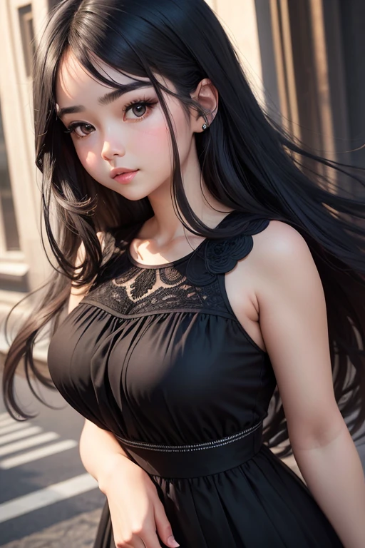 Masterpiece high quality high details realistic face ultra realistic face chubby face girl with slender curved fit figure and long dark black hair wearing dark blue dress