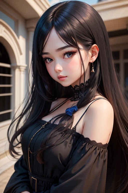 Masterpiece high quality high details realistic face ultra realistic face chubby face girl with slender curved fit figure and long dark black hair wearing dark blue dress