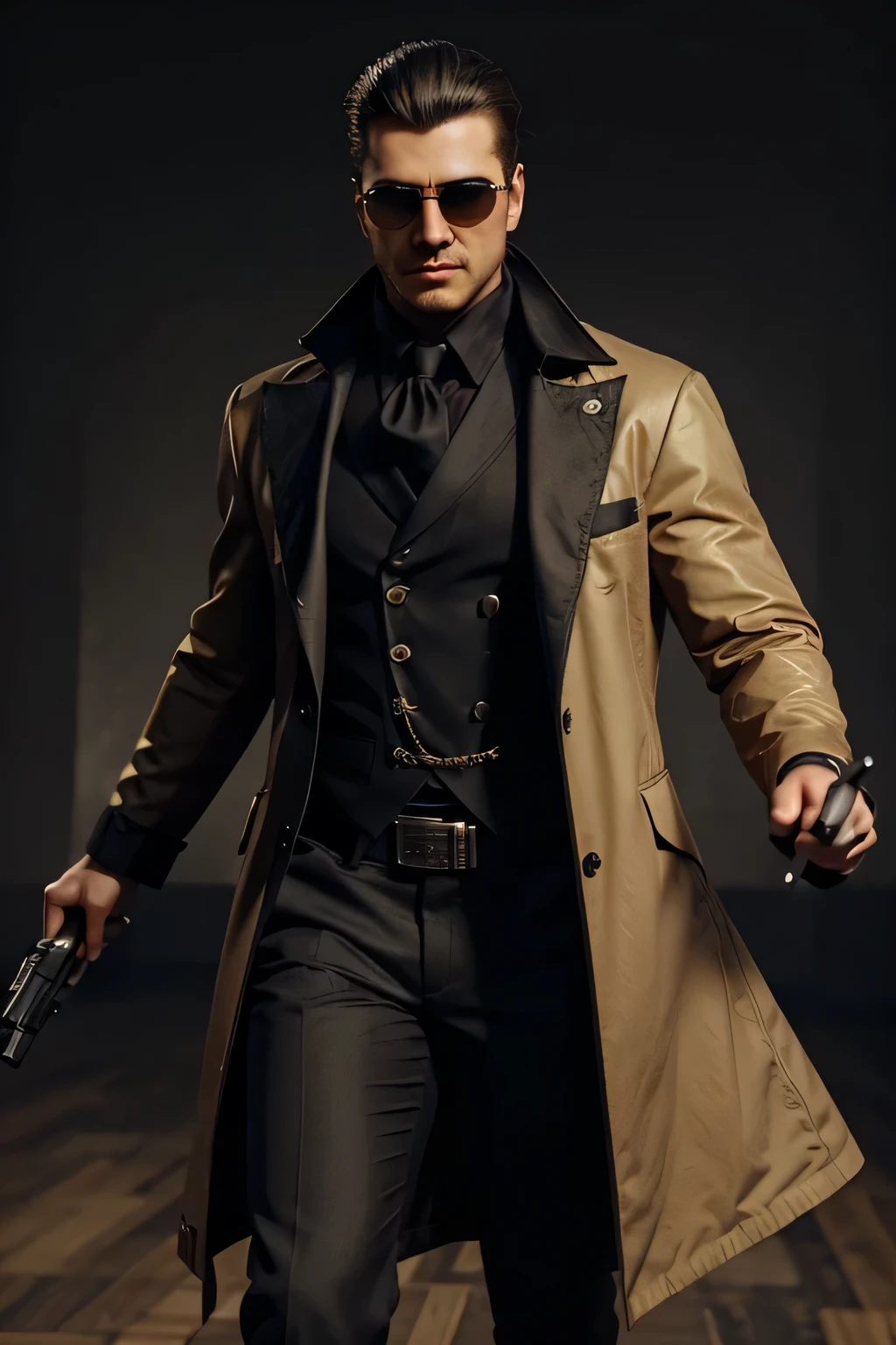 avant-grade style details accessory gun in hand dynamic pose mafia man intricate designer high fashion costume character photorealistic wearing sunglasses wearing long coat charismatic stylish 3d game character costume design
