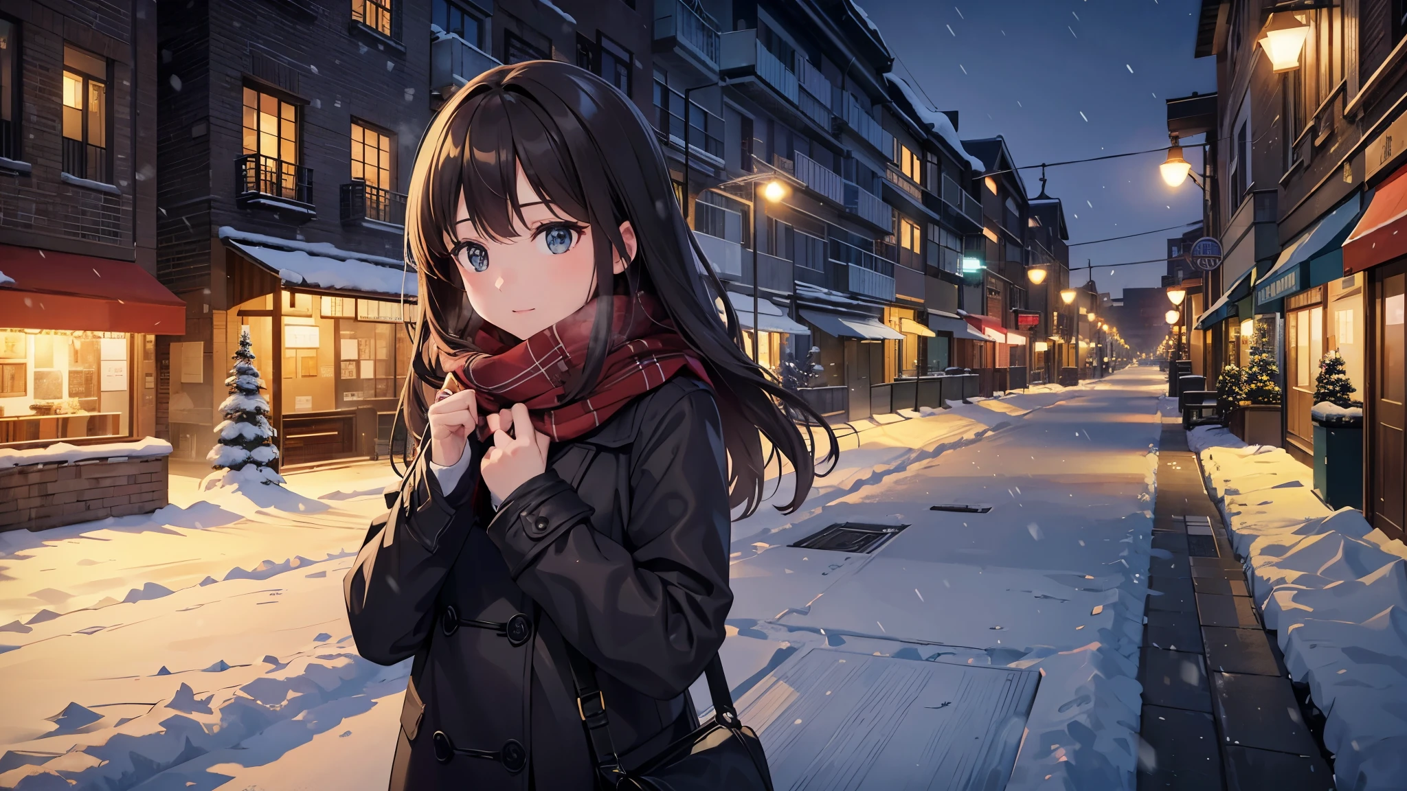 Snowy winter day in the city、A young woman wearing a warm coat and a reddish-brown scarf turns around。Hair is black。Her hair flutters in the wind、In the background, a snow-covered street and street lamps、The silhouettes of passersby are vaguely visible。The art style is anime-like.、The soft falling snow and the quiet atmosphere of the city are characteristic.。The woman's expression is calm and、You can see that they are enjoying the cold winter weather.。