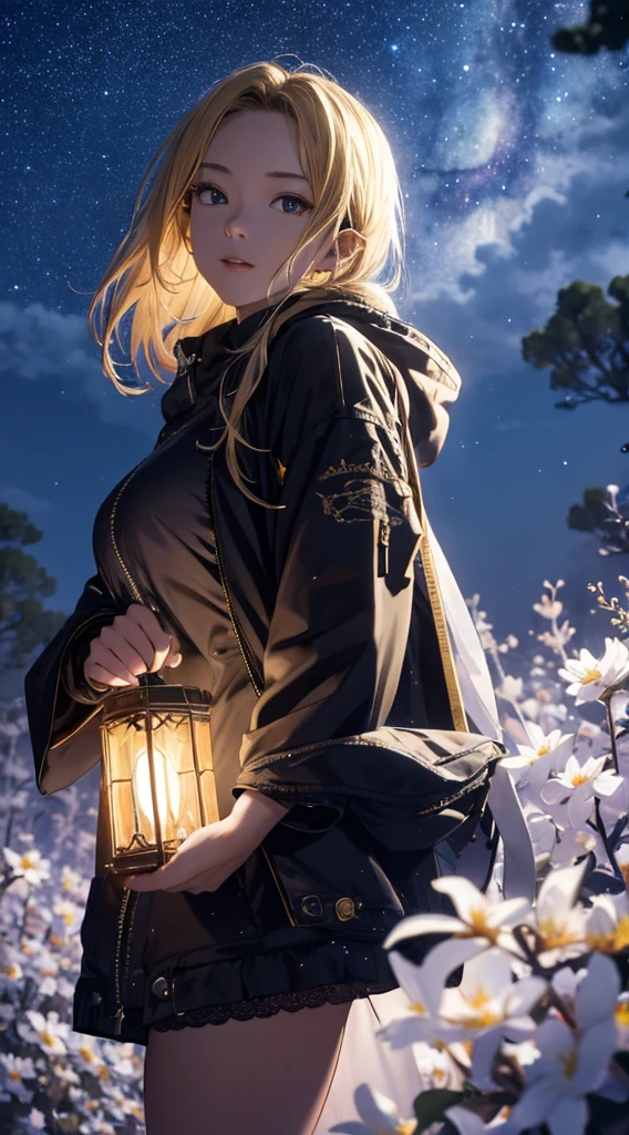 masterpiece, high quality, 4K, Beautiful design, silhouette,blonde, 非常に詳細な夜のStarry Sky,Flower Field, wonderful, Finer details, Very knowledgeable woman, Highly detailed solo, 1 female,Beautiful Eyes,I like rumors,Big Breasts,Hooded parka,mini skirt,Night view,Starry Sky,full moon,
