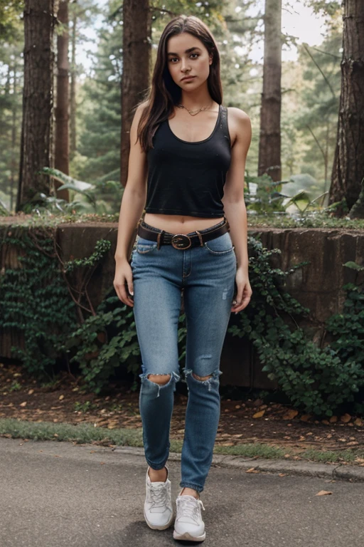 young woman wearing black tank top, blue jeans, brown studded belt, nature, full body, sneakers,