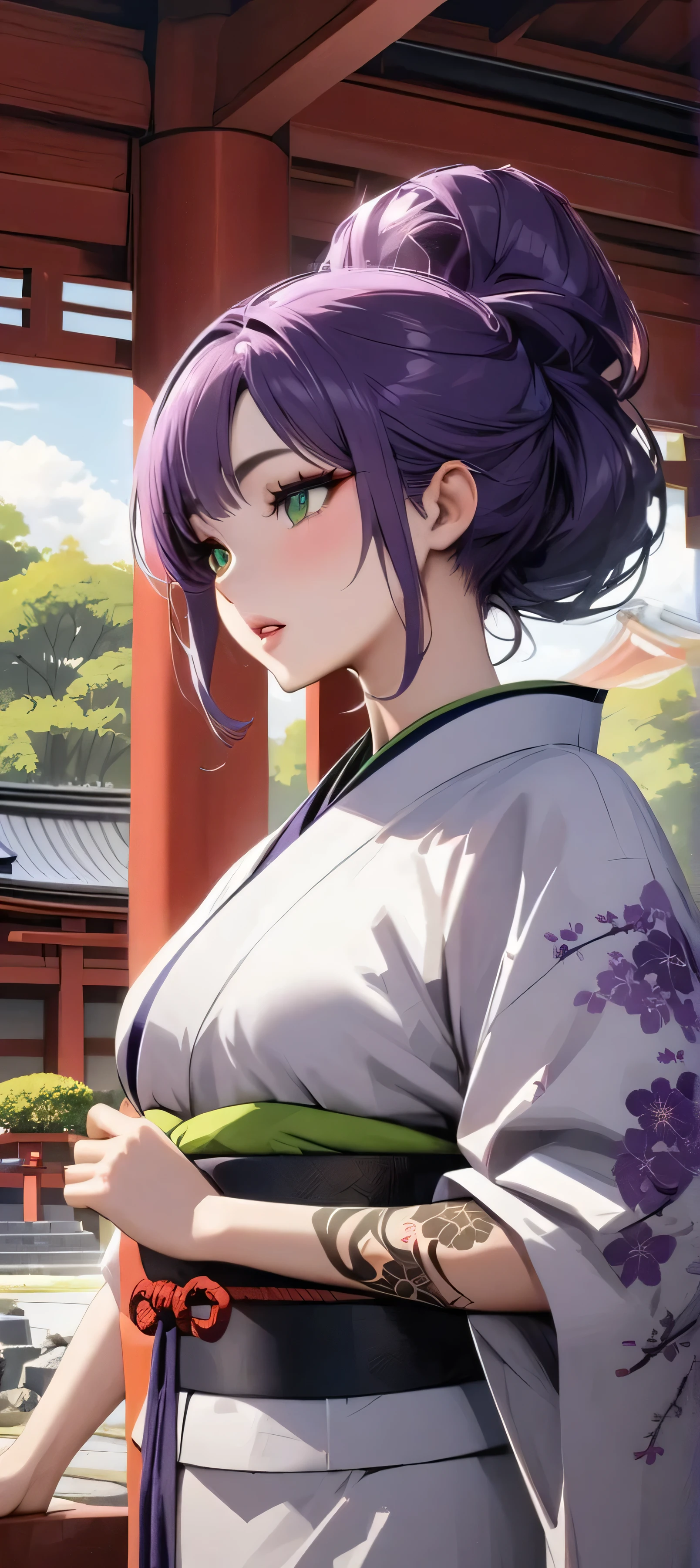 one arafed woman with purple hair and green eyes, japanese tattoo sleeve on her right arm, kimono, sfw, japanese temple