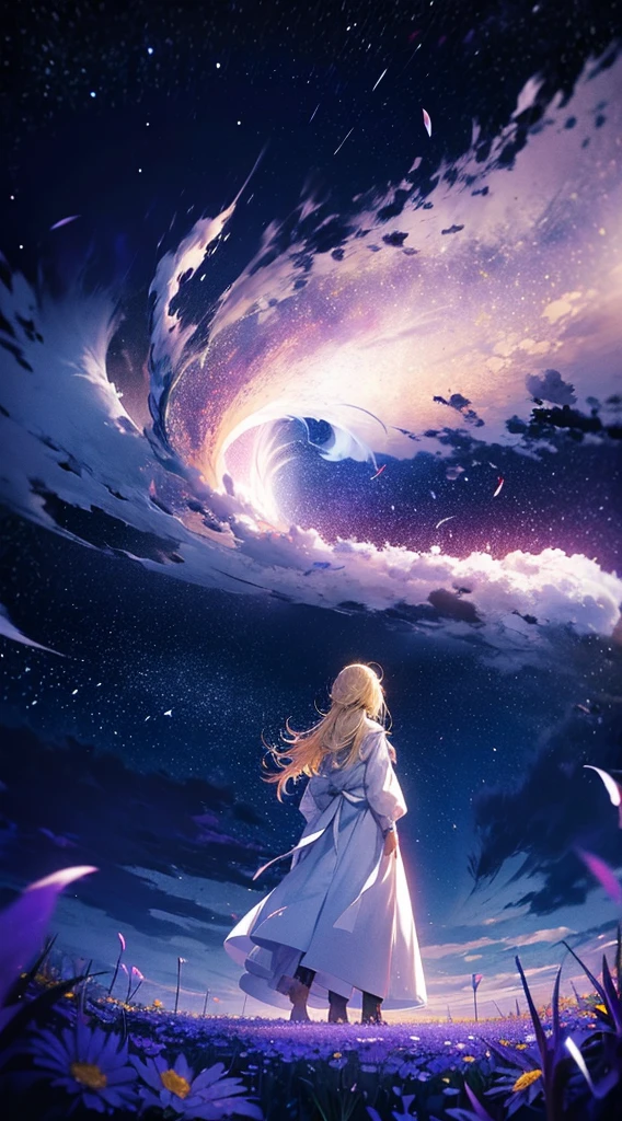 1people々々々々々,Blonde long-haired woman,White long coat, Dress Silhouette, Rear View,Space Sky, Flower Field,Colorful flowers