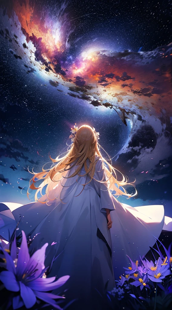 １people々々々々々,Blonde long-haired woman，White long coat， Dress Silhouette， Rear View，Space Sky, Flower Field，Colorful flowers