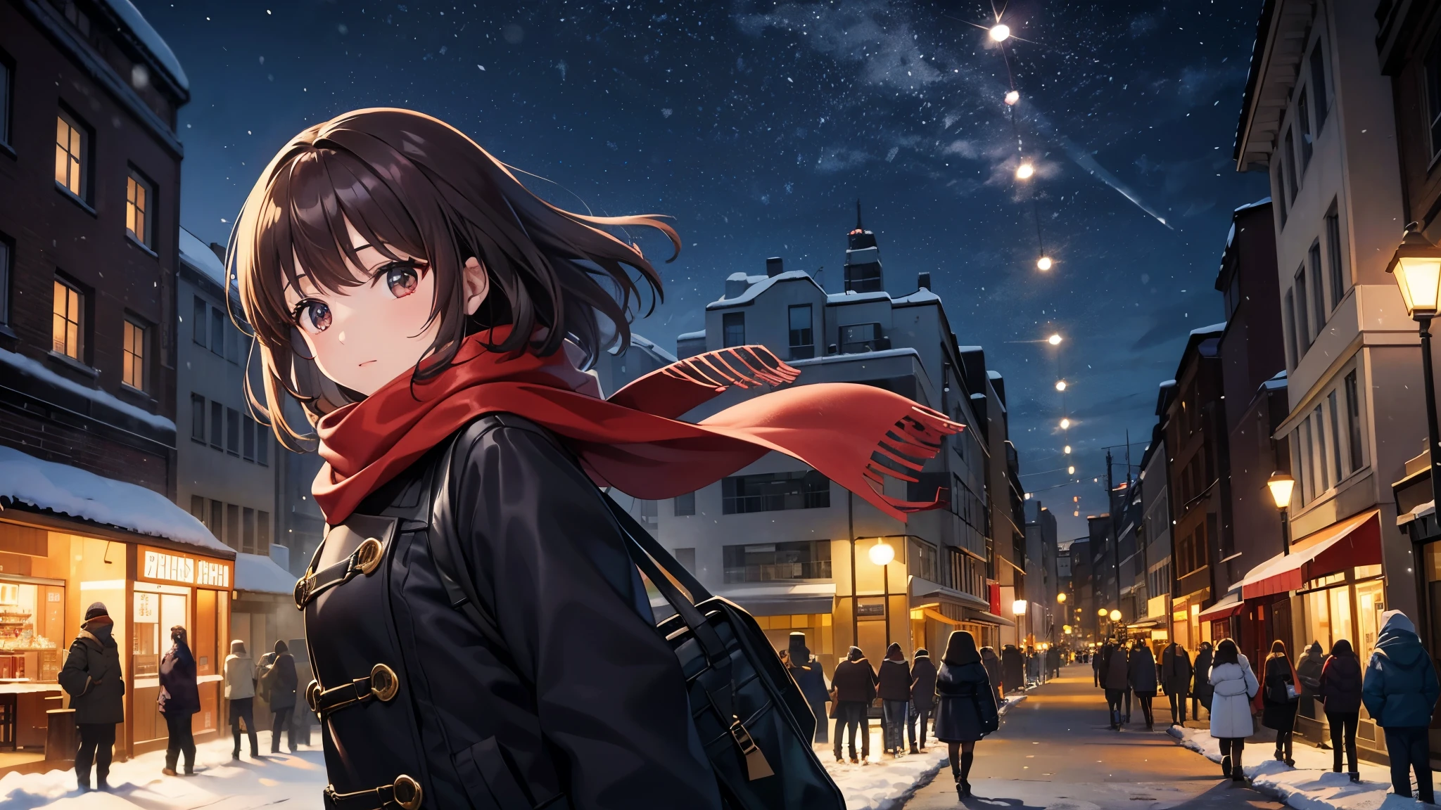 Snowy winter day in the city、A young woman wearing a warm coat and a reddish-brown scarf turns around。Hair is black。Her hair flutters in the wind、In the background, a snow-covered street and street lamps、The silhouettes of passersby are vaguely visible。The art style is anime-like.、The soft falling snow and the quiet atmosphere of the city are characteristic.。The woman's expression is calm and、You can see that they are enjoying the cold winter weather.。