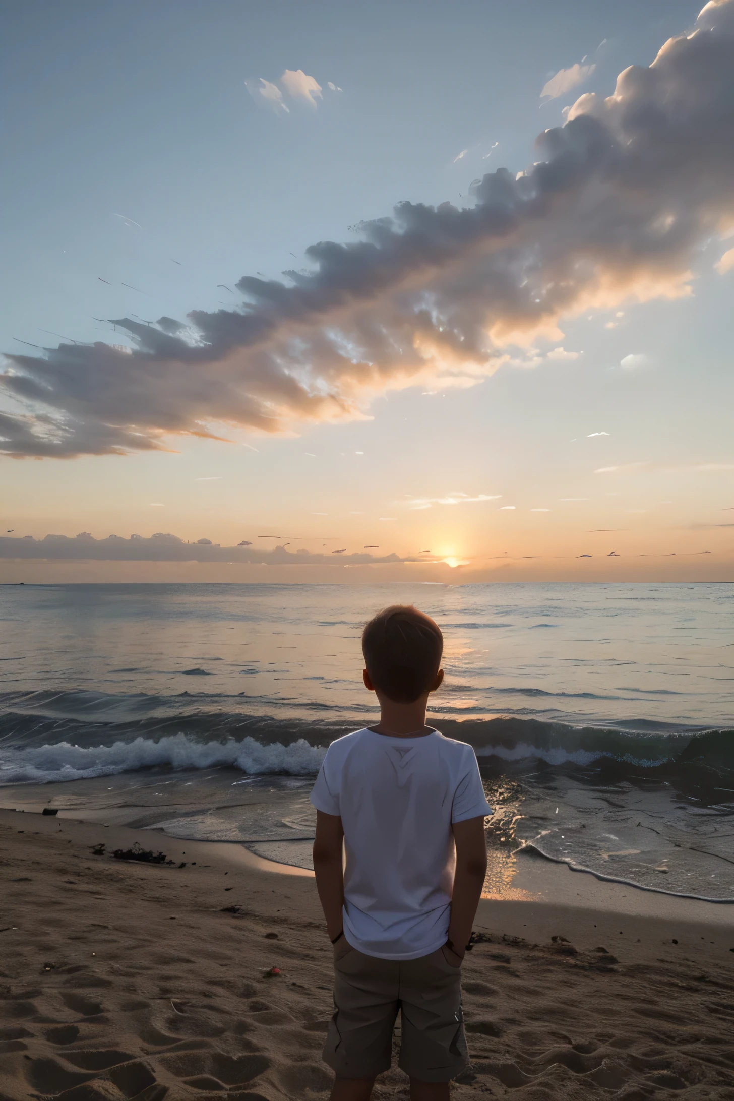 Sunset and a boy by the sea