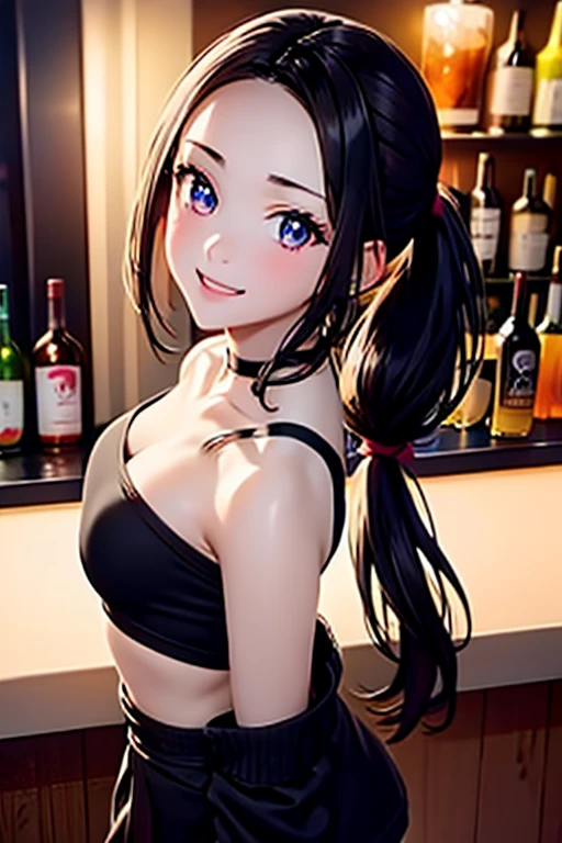 (from above:1.2),(from side:0.9), ((Face)), (Close-Up:0.4), masterpiece,"A 26-year-old girl stands at a bar counter. She is dressed in a stylish off-shoulder dress, sweater dress, off-shoulder sweater, red sweater,garter stocking, cleavage:1.1, midriff, black shorts, black thighhighs, thigh strap, pretty girl, (highly detailed beautiful face and eyes,firm breasts),real skin,((black,hair,long pony tail hair)),thin pubic hair,cute and lovely pose, detailed eyes, This masterpiece is only visually stunning but also tells,(double breasted:0.6,under bust:0.6),(small breasts:1.2),(perky chest:1.1), (pointed chest:1.0), medium hips, glamorous body,(with sparkling eyes and a contagious smile),open mouth. The bar is beautiful, with colorful bottles of alcohol in the background and a soft glow from neon lights. The atmosphere is relaxed, and the girl looks confident and fashionable.",full body, sexy pose,make a cocktail , in a bar counter, Looking at Viewer,

