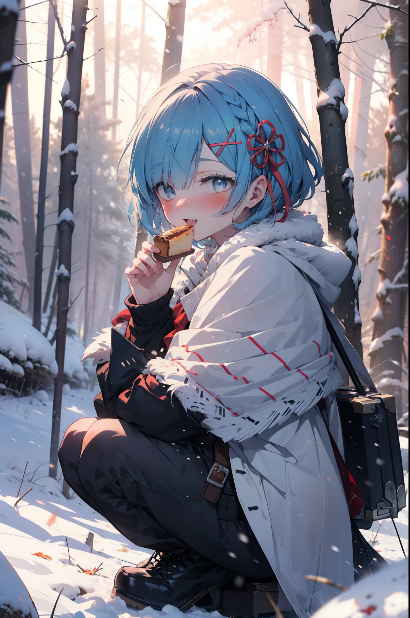 rezeroRem, Rem, blue eyes, Blue Hair, hair ornaments, Hair on one eye, hair ribbon, short hair, x hair ornaments,smile,blush,White Breath,
Open your mouth,snow,Ground bonfire, Outdoor, boots, snowing, From the side, wood, suitcase, Cape, Blurred, having meal, forest, White handbag, nature, Squat, Mouth closed, Cape, winter, Written boundary depth, Black shoes, red Cape break looking at viewer, Upper Body, whole body, break Outdoor, forest, nature, break (masterpiece:1.2), highest quality, High resolution, unity 8k wallpaper, (shape:0.8), (Beautiful and beautiful eyes:1.6), Highly detailed face, Perfect lighting, Highly detailed CG, (Perfect hands, Perfect Anatomy),