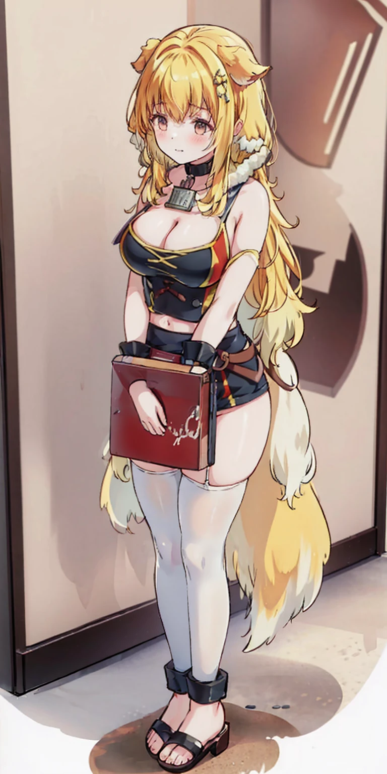 (dog ear, dog tail), heavy busty, dog, happy, standing straight symmetrical, full body, solo girl looking to the camera, beautiful woman, Viking warrior, fur cloak, armor, blonde hair, wavy hair, (closeup, portrait shot), (solo), realistic, cow bell choker, metal sandals, black thigh highs