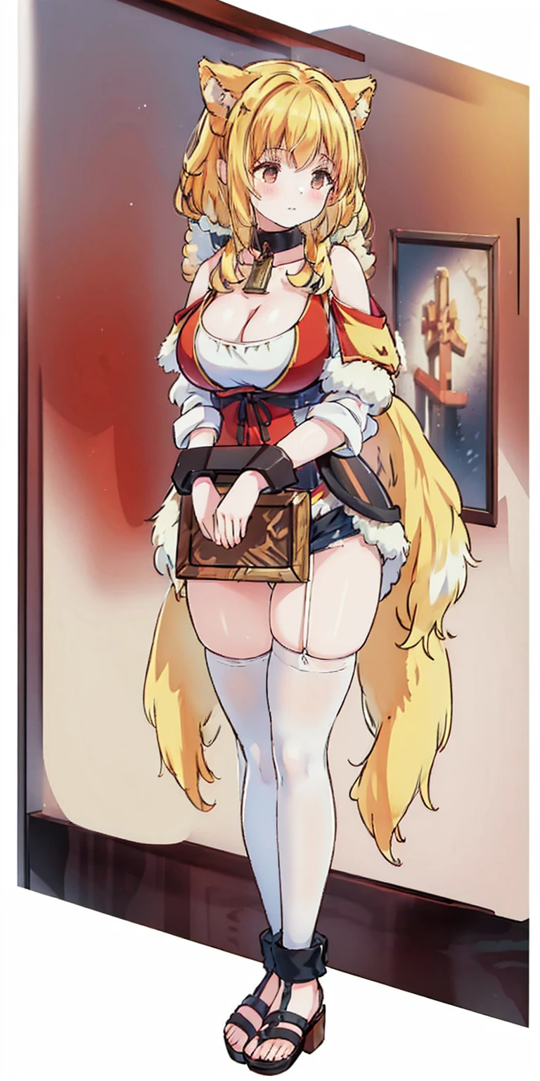 (dog ear, dog tail), heavy busty, dog, happy, standing straight symmetrical, full body, solo girl looking to the camera, beautiful woman, Viking warrior, fur cloak, armor, blonde hair, wavy hair, (closeup, portrait shot), (solo), realistic, cow bell choker, metal sandals, black thigh highs