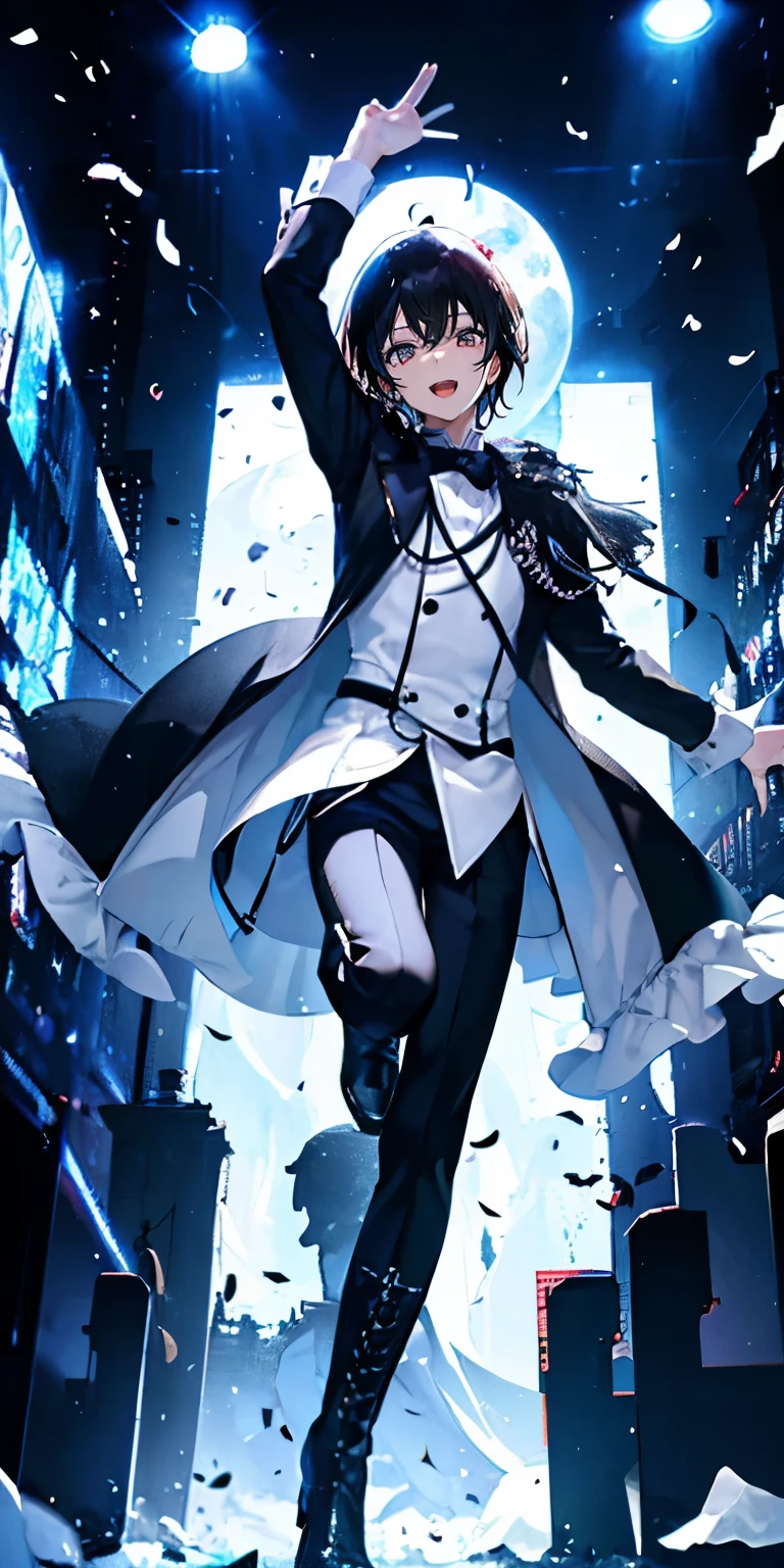 (Mastepiece), (Best Quality), Very detailed, ((1 boy)), Perfect Face, Beautiful Face, Very detailedな顔,((Black and white hair_short hair_Black and white eyes:1.3)),Male solo idol、Gorgeous idol costumes、Frills、Cape、boots、(pants:1.2)、(Hold the microphone)、stage、Concert Dome、Lots of confetti、(smile:1.4)、(Open your mouth wide)、sing、dance、Wink、Laser light、Spotlight