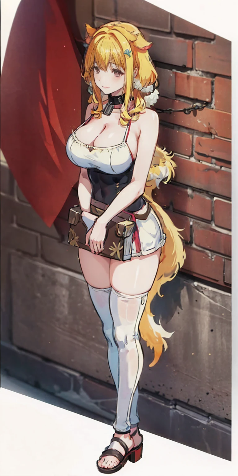 (dog ear, dog tail), heavy busty, dog, happy, standing straight symmetrical, full body, solo girl looking to the camera, beautiful woman, Viking warrior, fur cloak, armor, blonde hair, wavy hair, (closeup, portrait shot), (solo), realistic, cow bell choker, metal sandals, black thigh highs
