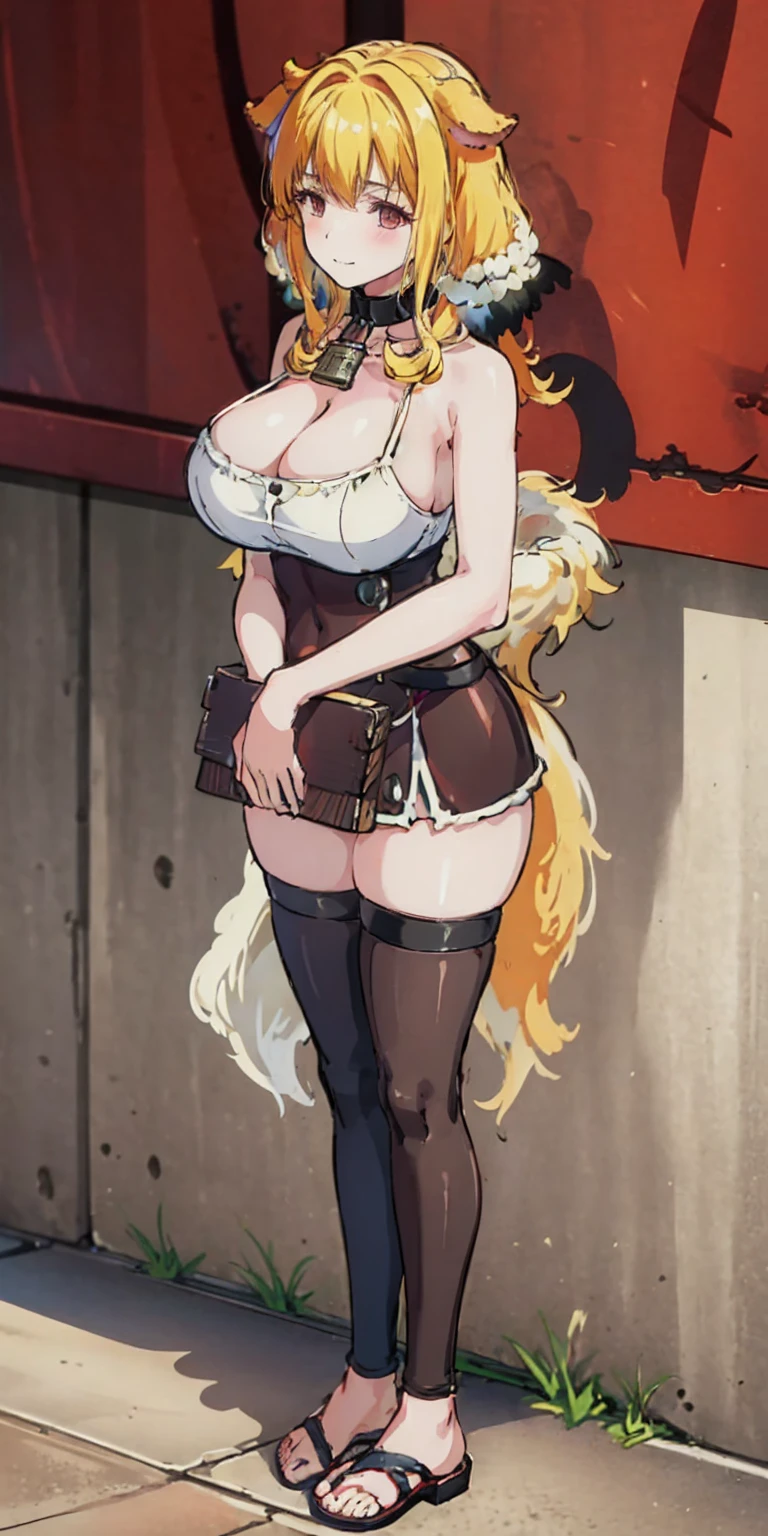(dog ear, dog tail), heavy busty, dog, happy, standing straight symmetrical, full body, solo girl looking to the camera, beautiful woman, Viking warrior, fur cloak, armor, blonde hair, wavy hair, (closeup, portrait shot), (solo), realistic, cow bell choker, metal sandals, black thigh highs