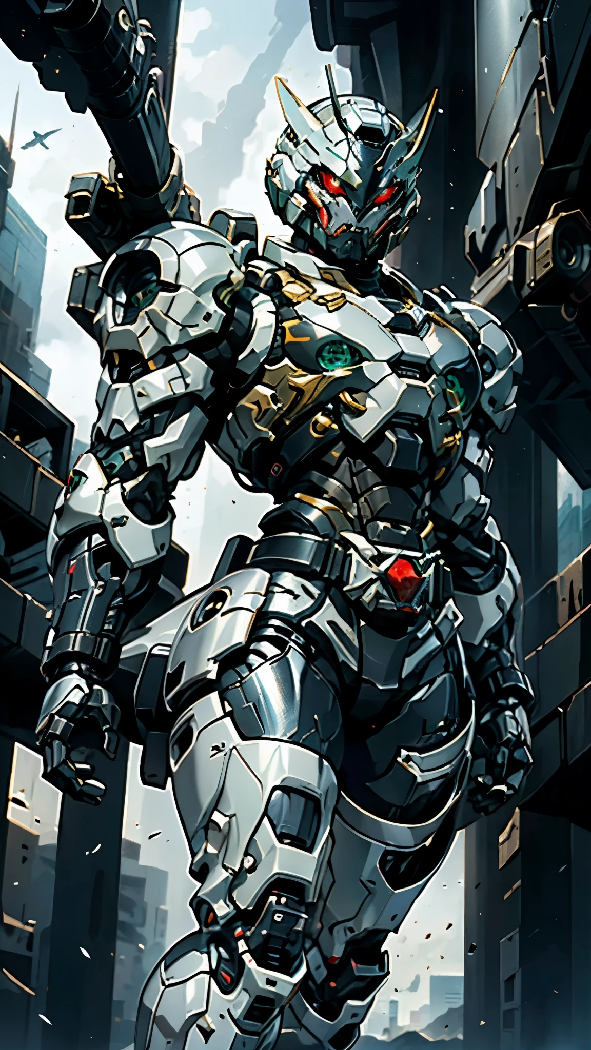 A man wearing a full-face helmet, a fantasy-style biotech armored combat suit, green eyes, (a composite layered chest armor), fully enclosed shoulder guards, matching arm and leg guards, the belt is adorned with fangs biting into orbs, (the color scheme is primarily black with red accents), the design balances heavy with agility, a high-tech bio-mecha armor, (Armor Concept Inspired by Wolf, stand on the top of a skyscraper in a futuristic sci-fi city), this character embodies a finely crafted fantasy-surreal style armored hero in anime style, exquisite and mature manga art style, (element, plasma, energy, the armor glows), ((male:1.5)), metallic, real texture material, dramatic, high definition, best quality, highres, ultra-detailed, ultra-fine painting, extremely delicate, professional, perfect body proportions, golden ratio, anatomically correct, symmetrical face, extremely detailed eyes and face, high quality eyes, creativity, RAW photo, UHD, 32k, Natural light, cinematic lighting, masterpiece-anatomy-perfect, masterpiece:1.5