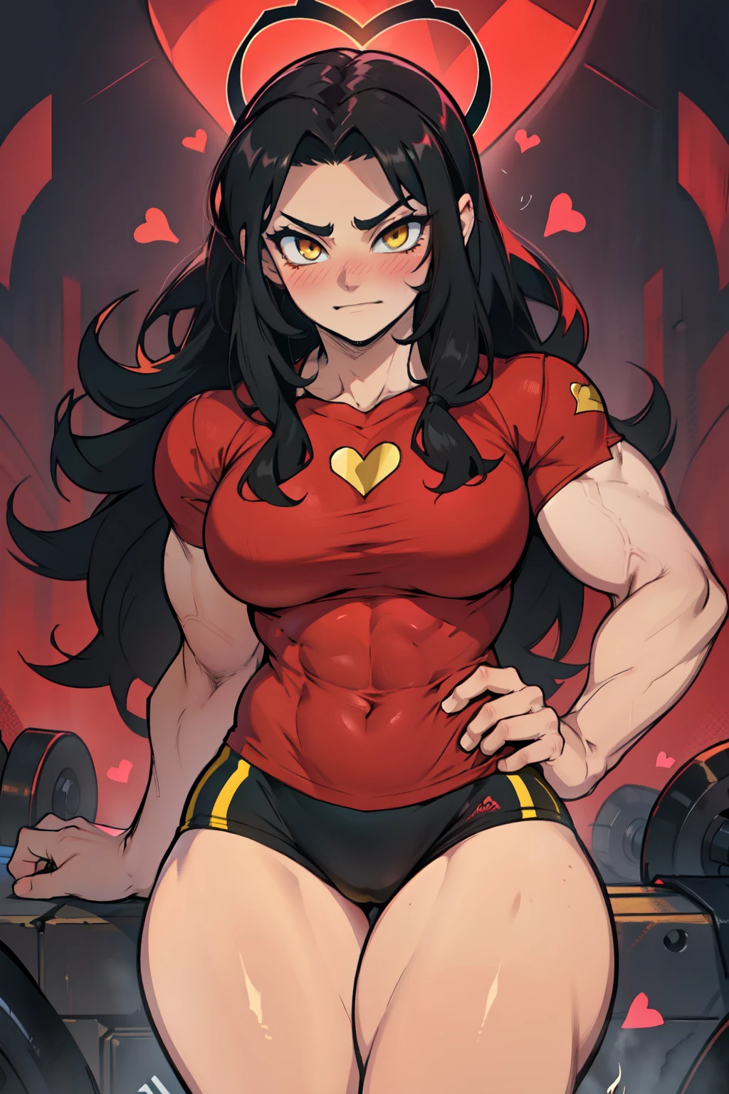 ((1girl)) pale skin large breasts (muscular) toned body thick thighs black hair yellow eyes (long hair) bodybuilder tight red shirt blushing ((heart seductive expression)) best quality hair flaps perfect anatomy