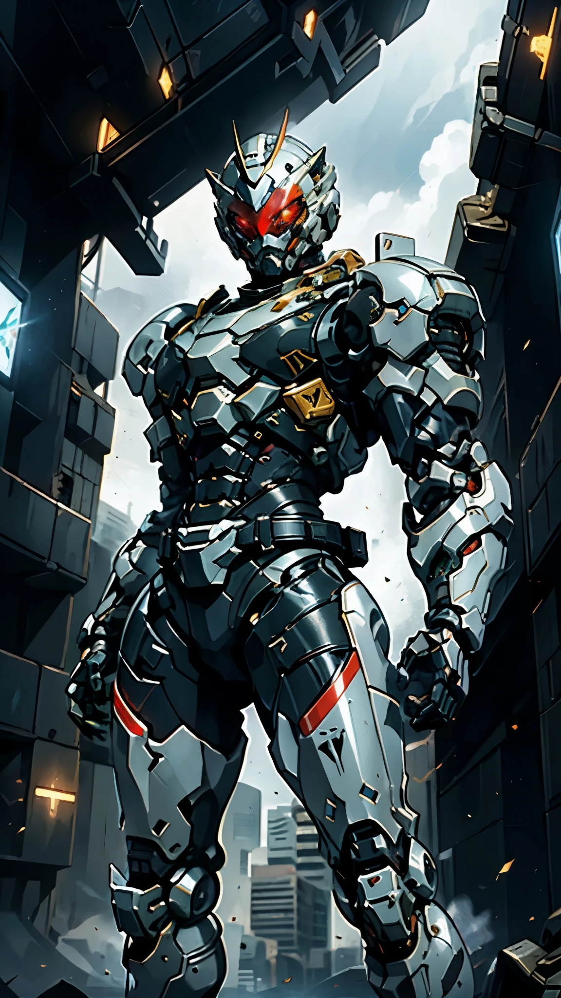 A man wearing a full-face helmet, a fantasy-style biotech armored combat suit, green eyes, (a composite layered chest armor), fully enclosed shoulder guards, matching arm and leg guards, the belt is adorned with fangs biting into orbs, (the color scheme is primarily black with red accents), the design balances heavy with agility, a high-tech bio-mecha armor, (Armor Concept Inspired by Wolf, stand on the top of a skyscraper in a futuristic sci-fi city), this character embodies a finely crafted fantasy-surreal style armored hero in anime style, exquisite and mature manga art style, (element, plasma, energy, the armor glows), ((male:1.5)), metallic, real texture material, dramatic, high definition, best quality, highres, ultra-detailed, ultra-fine painting, extremely delicate, professional, perfect body proportions, golden ratio, anatomically correct, symmetrical face, extremely detailed eyes and face, high quality eyes, creativity, RAW photo, UHD, 32k, Natural light, cinematic lighting, masterpiece-anatomy-perfect, masterpiece:1.5