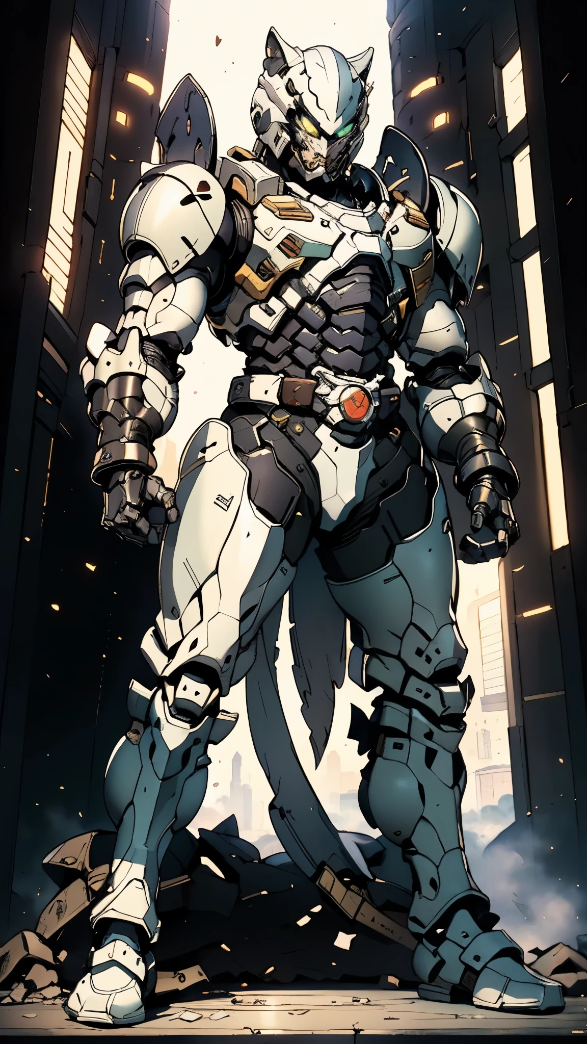 A man wearing a full-face helmet, a fantasy-style biotech armored combat suit, green eyes, (a composite layered chest armor), fully enclosed shoulder guards, matching arm and leg guards, the belt is adorned with fangs biting into orbs, (the color scheme is primarily black with red accents), the design balances heavy with agility, a high-tech bio-mecha armor, (Armor Concept Inspired by Wolf, stand on the top of a skyscraper in a futuristic sci-fi city), this character embodies a finely crafted fantasy-surreal style armored hero in anime style, exquisite and mature manga art style, (element, plasma, energy, the armor glows), ((male:1.5)), metallic, real texture material, dramatic, high definition, best quality, highres, ultra-detailed, ultra-fine painting, extremely delicate, professional, perfect body proportions, golden ratio, anatomically correct, symmetrical face, extremely detailed eyes and face, high quality eyes, creativity, RAW photo, UHD, 32k, Natural light, cinematic lighting, masterpiece-anatomy-perfect, masterpiece:1.5