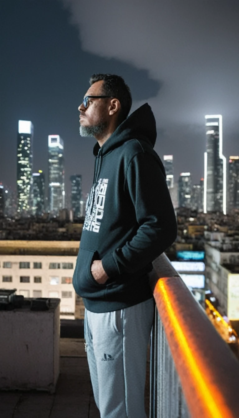 gutto2024abr, Urban Panorama from a Rooftop
(RAW, 8K, UHD, photorealistic, studio chiaroscuro lighting, Sony Alpha mirrorless camera, high depth of field, ultra details and realism: 1.4)
Person:
* Urban explorer:
* Sporting a pair of stylish glasses perched on his nose
* A neatly trimmed beard framing his face
* Dressed in a comfortable hoodie and sweatpants, exuding a casual yet stylish vibe
* Leaning against the railing of a rooftop, his gaze fixed on the sprawling cityscape below
Setting:
* Futuristic cyberpunk metropolis:
* Towering skyscrapers piercing the clouds, their metallic facades reflecting the sunlight
* Neon lights and holographic advertisements illuminating the bustling streets
* A network of highways and flying vehicles weaving through the urban landscape
* A sense of vibrancy and energy pulsating through the air
Additional Details:
* The man's eyes reflect the vibrant colors of the city, hinting at his fascination with the urban landscape.
* His posture exudes a sense of confidence and contentment as he surveys his surroundings.
* The chiaroscuro lighting accentuates the contrast between the man's light-filled figure and the dark, gritty city below.
* The Sony Alpha mirrorless camera captures every minute detail, from the intricate patterns of the skyscrapers to the subtle expressions on the man's face.