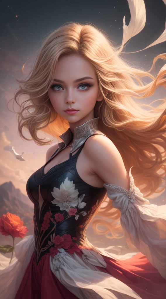 (best quality, masterpiece), young woman, pose, particle, wind, flower, upper body, simple background, looking at viewer, long curly windblown blonde hair, galaxy,backlit,rimlight,beautiful artwork,perfect composition