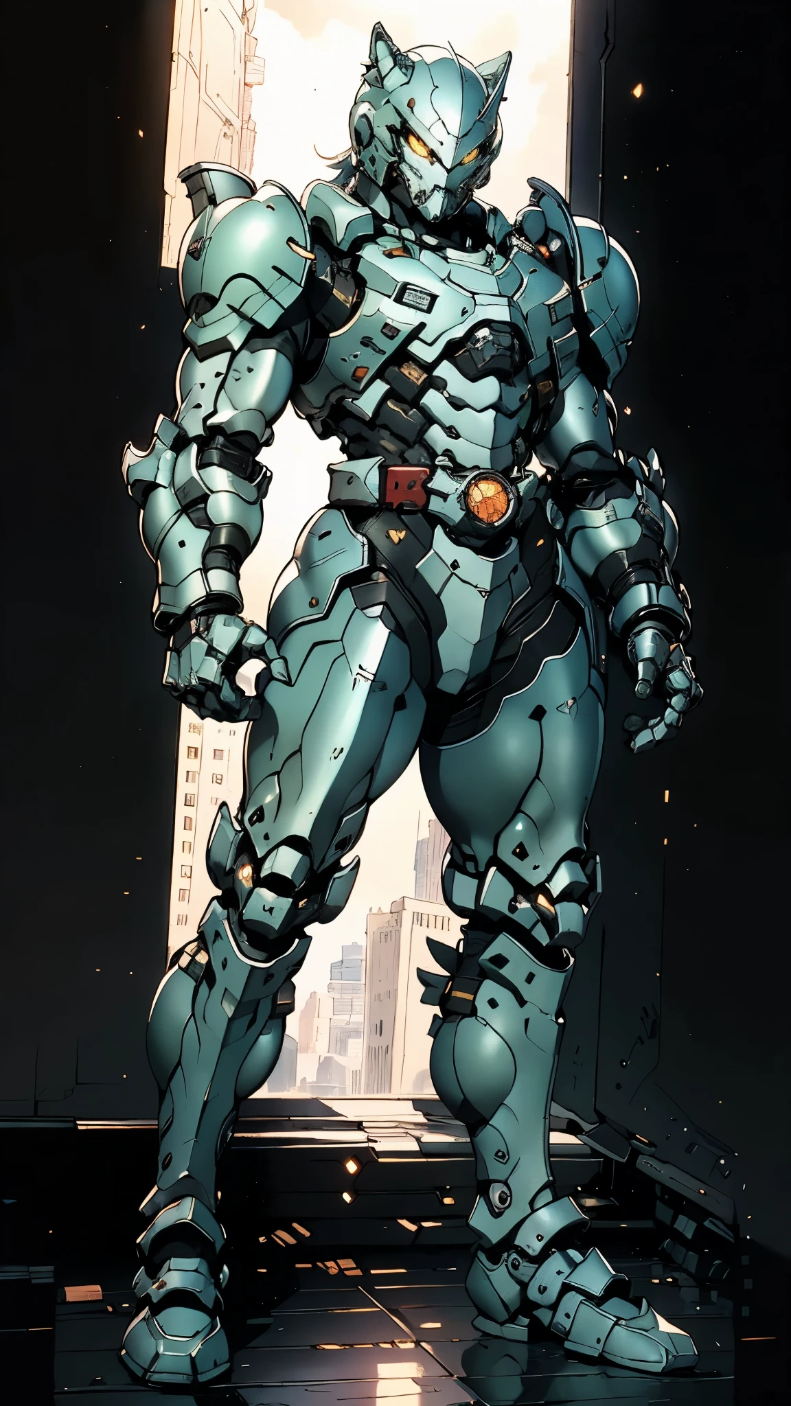 A man wearing a full-face helmet, a fantasy-style biotech armored combat suit, green eyes, (a composite layered chest armor), fully enclosed shoulder guards, matching arm and leg guards, the belt is adorned with fangs biting into orbs, (the color scheme is primarily black with red accents), the design balances heavy with agility, a high-tech bio-mecha armor, (Armor Concept Inspired by Wolf, stand on the top of a skyscraper in a futuristic sci-fi city), this character embodies a finely crafted fantasy-surreal style armored hero in anime style, exquisite and mature manga art style, (element, plasma, energy, the armor glows), ((male:1.5)), metallic, real texture material, dramatic, high definition, best quality, highres, ultra-detailed, ultra-fine painting, extremely delicate, professional, perfect body proportions, golden ratio, anatomically correct, symmetrical face, extremely detailed eyes and face, high quality eyes, creativity, RAW photo, UHD, 32k, Natural light, cinematic lighting, masterpiece-anatomy-perfect, masterpiece:1.5