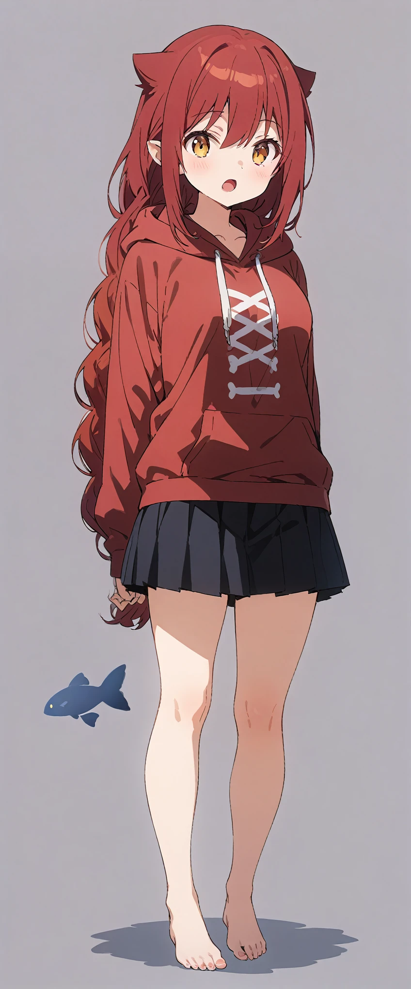 Solid white background、white background、Blank background、Ultra-high resolution, highest quality,Solo,just standing girl, One Girl、Full body view from the front、fish-bone braid hair、Fishbone Hair、red hair、arms behind back、Put your hands behind your back、Hide your hands、busty、beautiful detailed eyes、Red hair x yellow eyes、yellow eyes、 Open your mouth、Plain red hoodie、Black pleated skirt、barefoot