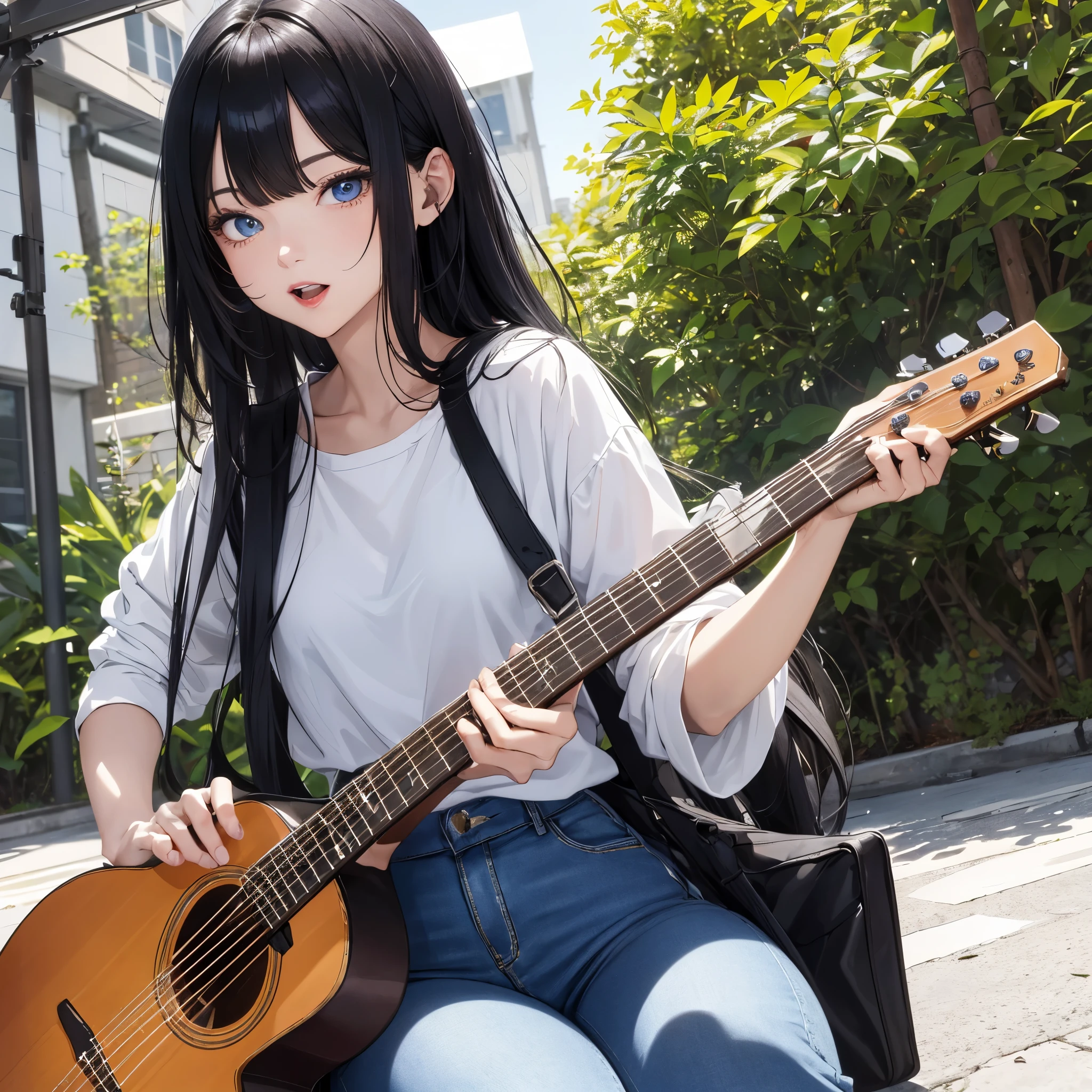 absurderes, ultra-detailliert,bright colour,(in 8K:1.1),masuter piece,extremely beautiful detailed face and eyes, 25 years old one girl,(Smooth straight black hair:1.1), (Shiny straight long hair:1.1),(Pattsun bangs:1.1) Delicate beautiful face, red blush、(Deep blue eyes:1.1: wearing white shirt and blue denim jeans and playing a guitar), Natural Nice Spot, Detailed face, opened mouth.