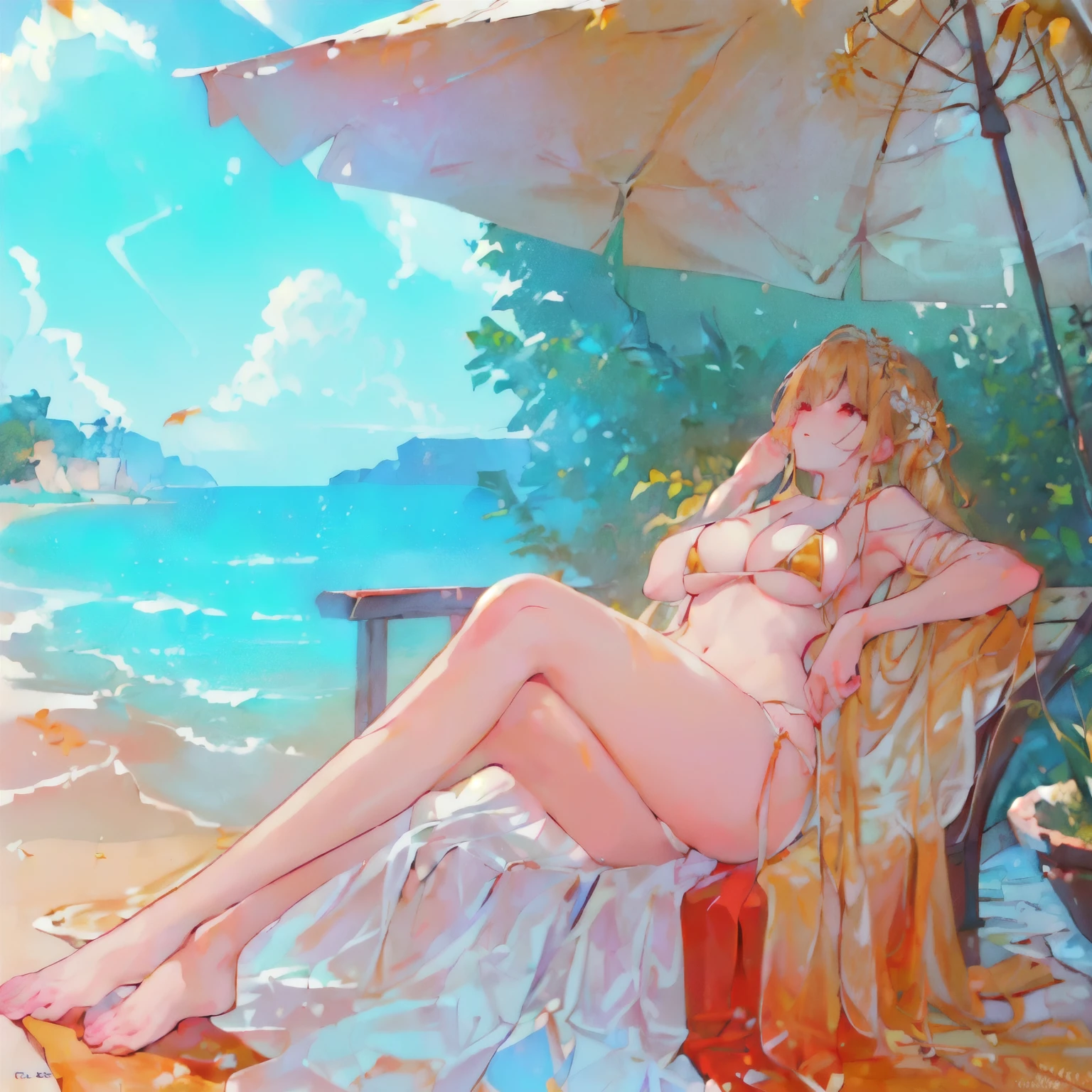 (masterpiece:1.6), (highly detailed:1.2), cinematic lighting, hi-fi, (perfect anatomy:1.2), sharp focus, perfect face, perfect eyes, perfect hands, perfect fingers,
a young european woman laying in chaise lounge on the beach, lost in thought, sunlight gently caressing her skin,(introspective:1.2) (melancholy:1.2), her mind drifting to simpler times,(reflective:1.2) close-up of her deep red eyes gazing beyond the horizon, (soft light:1.2) dappled sunlight through leaves dances across her face,(healing:1.2) exposing vulnerabilities just beneath the surface,(emotional catharsis:1.2), exposure, Taihou, micro bikini, SFW
beach, sea, sand, palm trees, cloudless blue sky,(peaceful:1.2)
Composition:(rule of thirds), Style:(anime), Action:(stillness), Describers: (thoughtful, vulnerable), Colors:(sun-kissed browns and golds), Lighting: (warm, diffused), Framing: (medium close-up), Details: (beads of water on skin, each blade of grass, leaf veins), Epoch: (contemporary), Weather: (calm, sunny), Aesthetics: (serene, emotive), Mood: (contemplative, hopeful), Material: (smooth skin, cool water), Emotion: (release, acceptance), Surroundings: (greenery, azure sky),