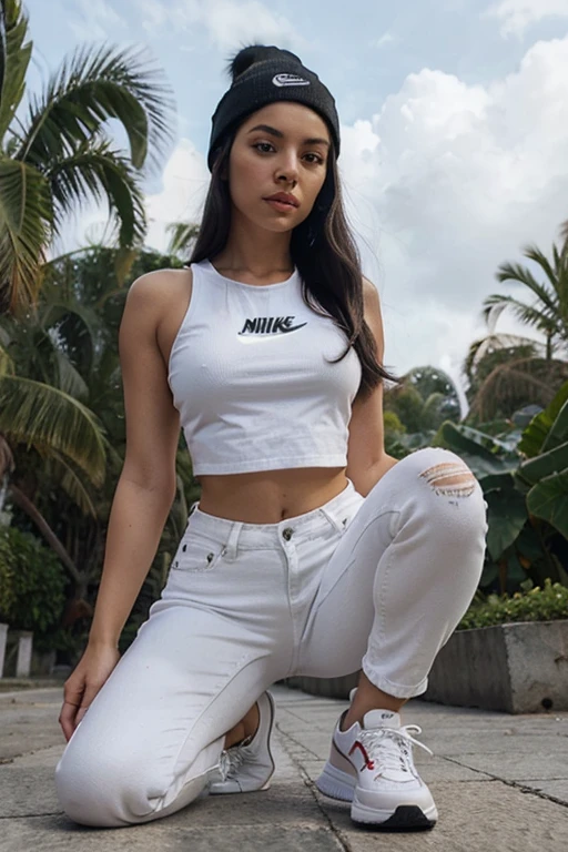 young woman wearing white crop top and white low rise jeans, latina, mexican, long black hair, beanie, nike shoes, full body, sneakers, jurassic park