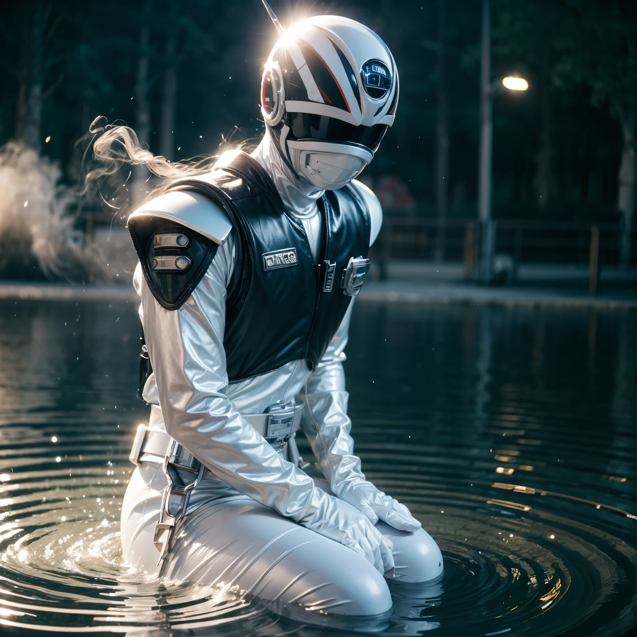 close up, White Ranger from Power Rangers, Ghost, Dark, gotik, 3d, Ultra Detailed, blue transparent smoke around, realistic style, Old Night Pond, full - body,
