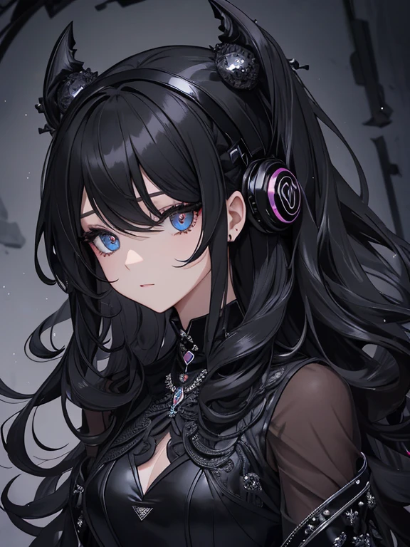 1 Female、Devils Rock Women、Black metallic headphones、An elegant dress inspired by devils and rock music、Matte black material、The clothes are adorned with countless sparkling rock-inspired ornaments.、Black Hair、Curly Hair、Big droopy eyes、Sparkling eyes、Leaning forward、Perfect proportions、