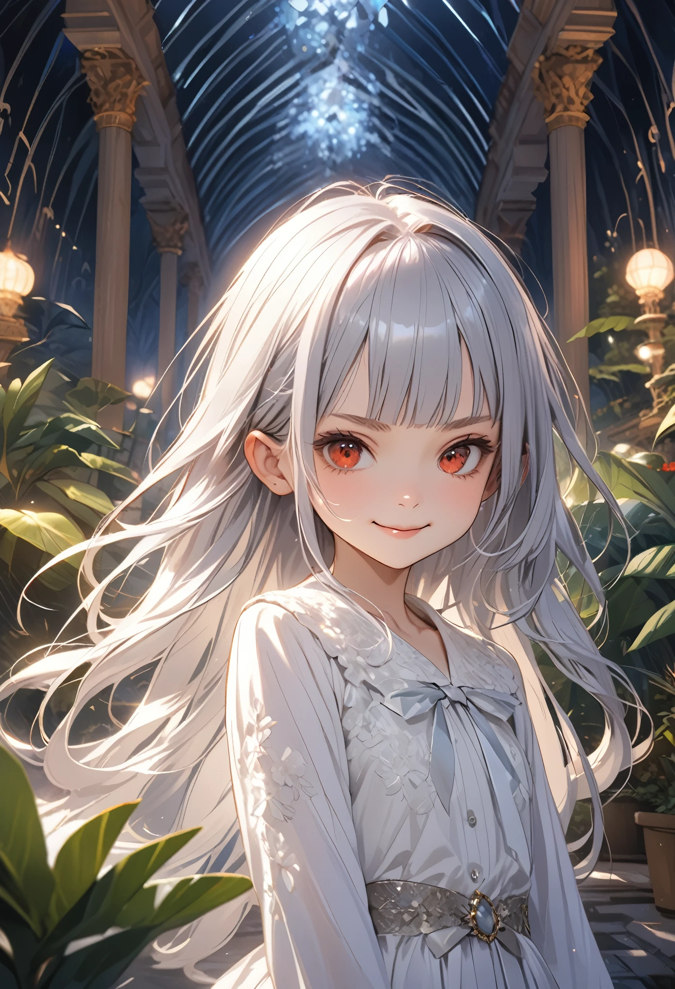 ((12 years old)), (1girl), cute young girl, (smug face:1.3), (Beautiful crimson eyes), ((The noble Dwarf girl)), (Slightly dark skin), (small breast), slender waist, (loose blunt bangs), Shiny unruly hair, long hair, ((beautiful pale silver hair)), ((night)), place hand on hip, (palace giant greenhouse), gardens, fountains, tropical plants,((Masterpiece)), ((best quality)), (super detail), (intricate details),