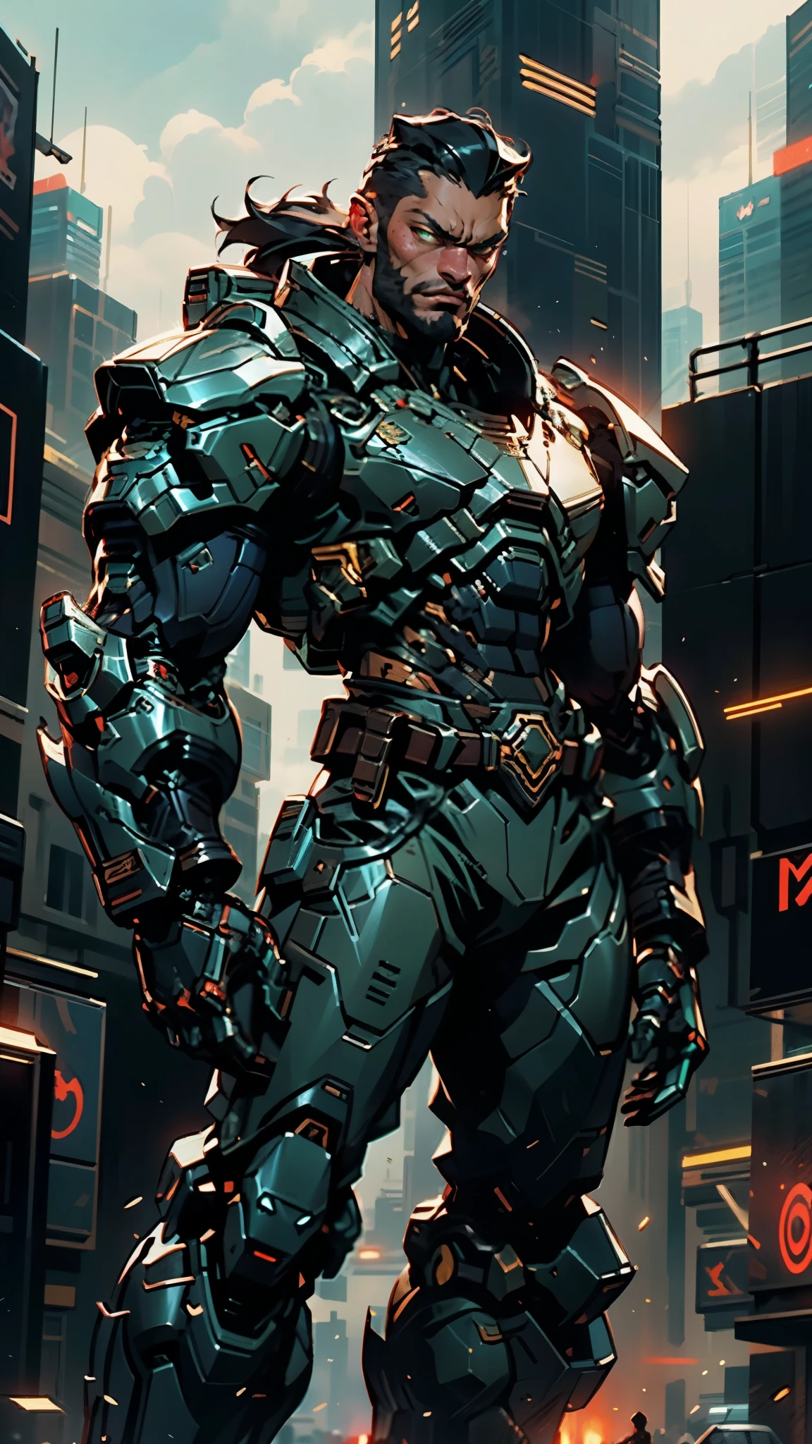 A man wearing a full-face helmet, a fantasy-style biotech armored combat suit, green eyes, (a composite layered chest armor), fully enclosed shoulder guards, matching arm and leg guards, the belt is adorned with fangs biting into orbs, (the color scheme is primarily black with red accents), the design balances heavy with agility, a high-tech bio-mecha armor, (Armor Concept Inspired by Wolf, stand on the top of a skyscraper in a futuristic sci-fi city), this character embodies a finely crafted fantasy-surreal style armored hero in anime style, exquisite and mature manga art style, (element, plasma, energy, the armor glows), ((male:1.5)), metallic, real texture material, dramatic, high definition, best quality, highres, ultra-detailed, ultra-fine painting, extremely delicate, professional, perfect body proportions, golden ratio, anatomically correct, symmetrical face, extremely detailed eyes and face, high quality eyes, creativity, RAW photo, UHD, 32k, Natural light, cinematic lighting, masterpiece-anatomy-perfect, masterpiece:1.5