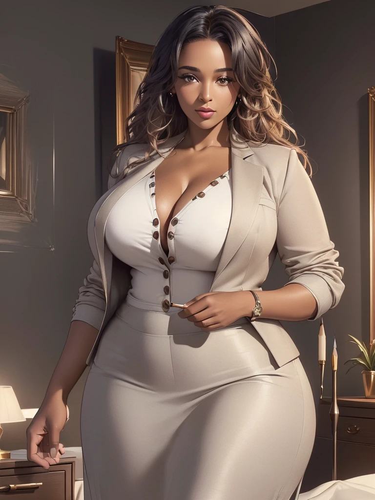 (extremely detailed CG unity 8k wallpaper:1.5),<(masterpiece:1.5), (best quality:1.7), high resolution illustration, (finely detailed eyes and detailed face:1.3), (detail:1.3, best quality, (ultra-detailed), (an extremely delicate and beautiful), (illustration), (painting),(masterpiece:1.5),cinematic light,dynamic angle,floating,sharp focus,(2d:1.7), (best quality:1.3),(illustration:1.1),((disheveled hair:1.2),(beautiful detailed eyes:1.1),(cinematic light:1.1), beautiful (40 year old) African woman, ((wearing henley buttoned-up blazer-suit and long pencil-skirt)), in bedroom, indoor, curvy body type, voluptuous body type, curvy body type, thick body type, big chest, big , (full_body),
