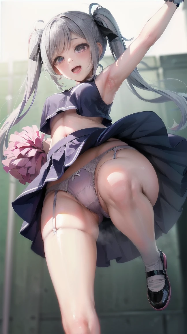 (highest quality),(Super Resolution),(delicate),(cute:1.2),(anime),(Taller twin tail hair:1.5),(White knee socks:1.3),(whole body:1.3),(Angle from below:1.3),(cute笑顔:1.3),((Navel exposed)),(Panties slipping down:1.3),(Skirt flip:1.5),(cuteスーパーモデル:1.2),(garter belt:1.2),(A lovely idol:1.2),(Beautiful ass:1.2),(Pink Panties:1.2),(Transparent lingerie:1.3),(｛　Elbe:1.3　｝),(:Falling backwards 1.5),(cute顔:1.2),(furuopen panties:1.2),(Beautiful legs 1.1),(furuopenlegs:&JUMP1.2),(Frilled Skirt),(Cheerleader:1.2),(ダイナミックなUPlegsポーズのCheerleader:1.1),(pink:1.1),(furuopenlegs&UPlegs　JUMP),(ゴスロリ衣装のCheerleader:1.2),(A cute doll-like face)