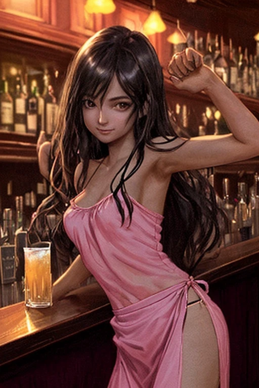     Theme: A beautiful woman at the bar counter.
    Atmosphere: Dim, nighttime, tipsy.
    Woman's appearance: Long hair, sexy, smiling, mesmerizing eyes.
    Clothing: Pink camisole dress, one strap slipping off, skirt flowing.
    Pose: Half-body shot, sideways, holding a highball glass, relaxed arm.
    Background: Blurry, dimly lit bar environment, interplay of light and shadow.