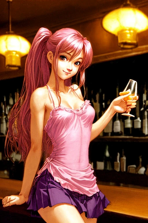 Theme: A beautiful woman at the bar counter.
Atmosphere: Dim, nighttime, tipsy.
Woman's appearance: Long hair, sexy, smiling, mesmerizing eyes.
Clothing: Pink camisole dress, one strap slipping off, skirt flowing.
Pose: Half-body shot, sideways, holding a highball glass, relaxed arm.
Background: Blurry, dimly lit bar environment, interplay of light and shadow.
