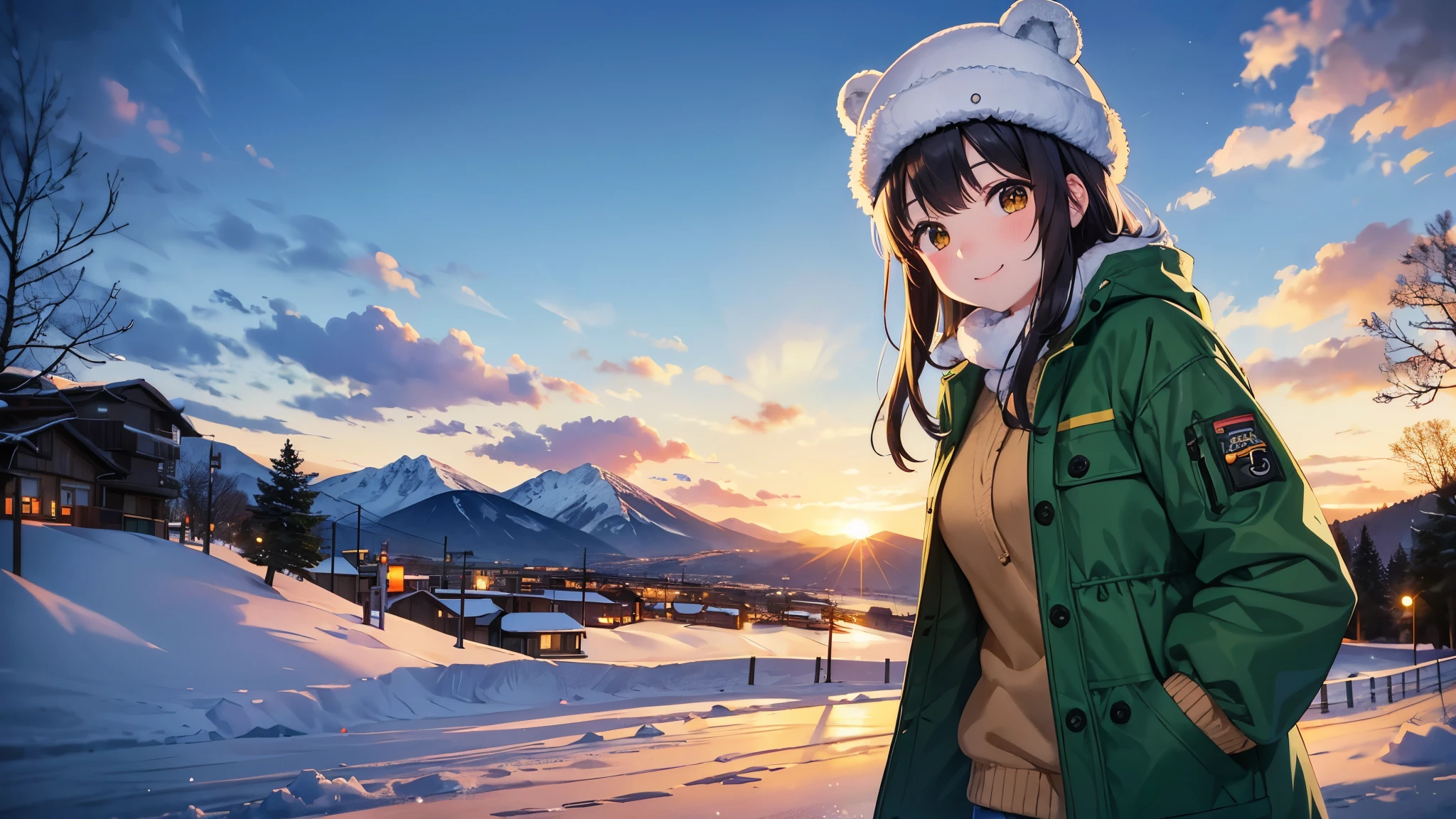 At sunset in winter、Snow-covered mountain town in the background、A smiling young woman wearing a bear-shaped hat is standing facing forward。She is wearing a green jacket and sweater.、With my face turning red from the cold air、Looking at the camera with a bright expression。Other tourists are seen strolling around the town&#39;s main street.。The art style is anime-like.、Characterized by soft winter light and detailed snowy scenery。