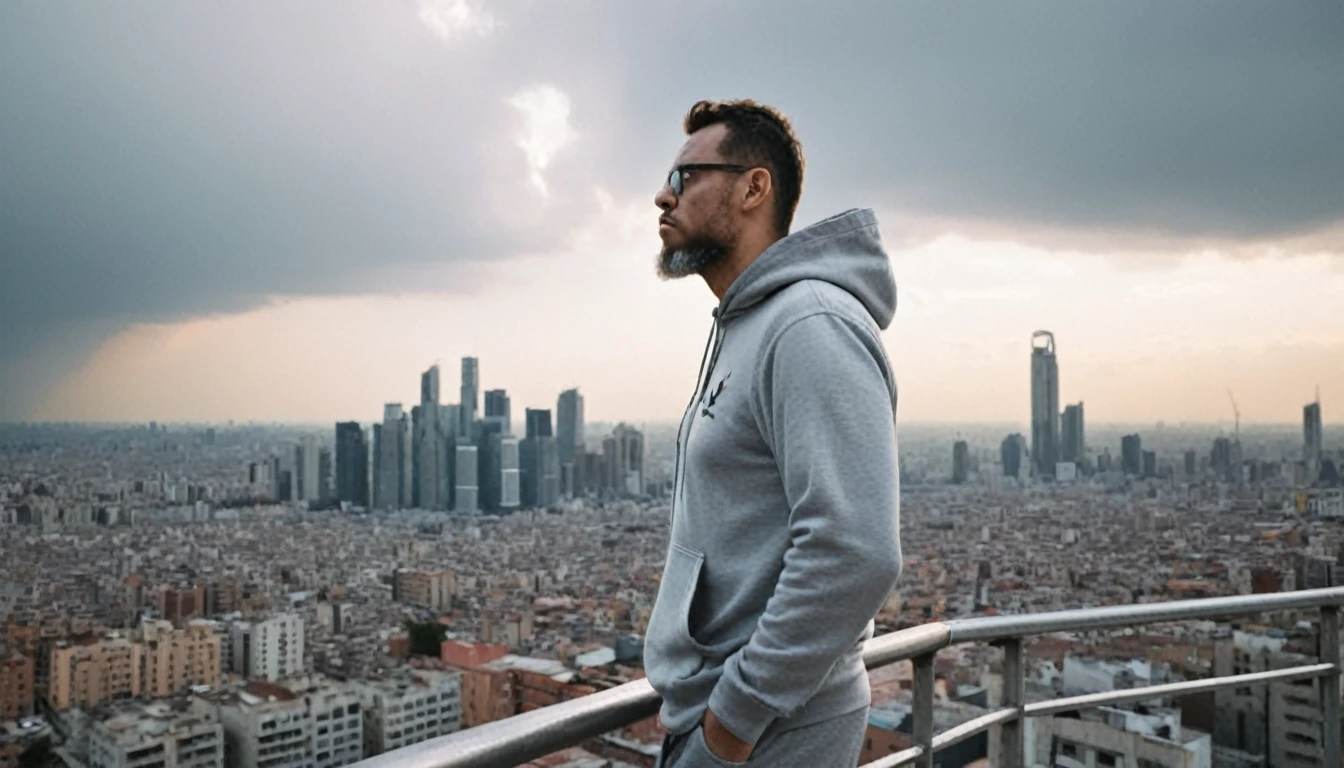 gutto2024abr, Urban Panorama from a Rooftop
(RAW, 8K, UHD, photorealistic, studio chiaroscuro lighting, Sony Alpha mirrorless camera, high depth of field, ultra details and realism: 1.4)
Person:
 * Urban explorer:
   * Sporting a pair of stylish glasses perched on his nose
   * A neatly trimmed beard framing his face
   * Dressed in a comfortable hoodie and sweatpants, exuding a casual yet stylish vibe
   * Leaning against the railing of a rooftop, his gaze fixed on the sprawling cityscape below
Setting:
 * Futuristic cyberpunk metropolis:
   * Towering skyscrapers piercing the clouds, their metallic facades reflecting the sunlight
   * Neon lights and holographic advertisements illuminating the bustling streets
   * A network of highways and flying vehicles weaving through the urban landscape
   * A sense of vibrancy and energy pulsating through the air
Additional Details:
 * The man's eyes reflect the vibrant colors of the city, hinting at his fascination with the urban landscape.
 * His posture exudes a sense of confidence and contentment as he surveys his surroundings.
 * The chiaroscuro lighting accentuates the contrast between the man's light-filled figure and the dark, gritty city below.
 * The Sony Alpha mirrorless camera captures every minute detail, from the intricate patterns of the skyscrapers to the subtle expressions on the man's face.
