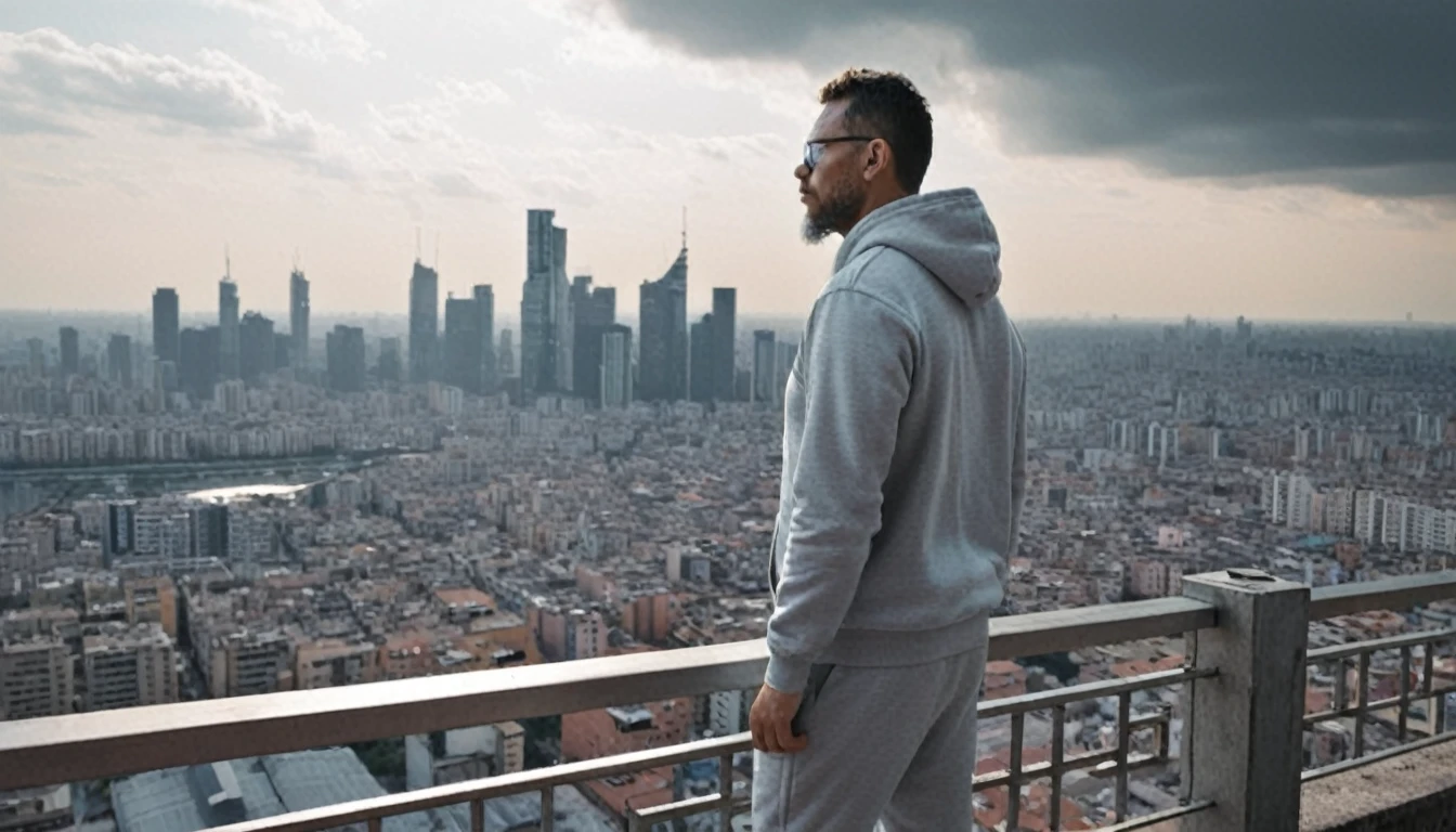 gutto2024abr, Urban Panorama from a Rooftop
(RAW, 8K, UHD, photorealistic, studio chiaroscuro lighting, Sony Alpha mirrorless camera, high depth of field, ultra details and realism: 1.4)
Person:
* Urban explorer:
* Sporting a pair of stylish glasses perched on his nose
* A neatly trimmed beard framing his face
* Dressed in a comfortable hoodie and sweatpants, exuding a casual yet stylish vibe
* Leaning against the railing of a rooftop, his gaze fixed on the sprawling cityscape below
Setting:
* Futuristic cyberpunk metropolis:
* Towering skyscrapers piercing the clouds, their metallic facades reflecting the sunlight
* Neon lights and holographic advertisements illuminating the bustling streets
* A network of highways and flying vehicles weaving through the urban landscape
* A sense of vibrancy and energy pulsating through the air
Additional Details:
* The man's eyes reflect the vibrant colors of the city, hinting at his fascination with the urban landscape.
* His posture exudes a sense of confidence and contentment as he surveys his surroundings.
* The chiaroscuro lighting accentuates the contrast between the man's light-filled figure and the dark, gritty city below.
* The Sony Alpha mirrorless camera captures every minute detail, from the intricate patterns of the skyscrapers to the subtle expressions on the man's face.