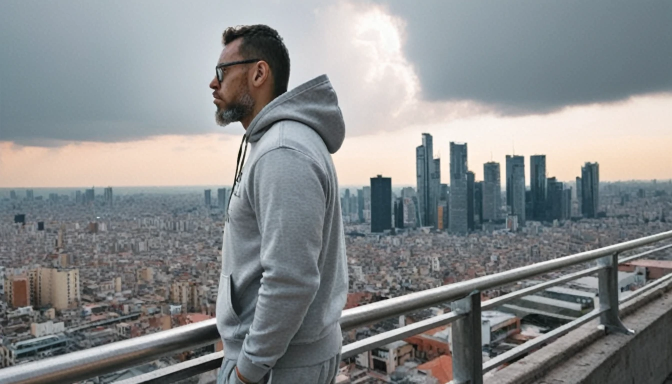 gutto2024abr, Urban Panorama from a Rooftop
(RAW, 8K, UHD, photorealistic, studio chiaroscuro lighting, Sony Alpha mirrorless camera, high depth of field, ultra details and realism: 1.4)
Person:
 * Urban explorer:
   * Sporting a pair of stylish glasses perched on his nose
   * A neatly trimmed beard framing his face
   * Dressed in a comfortable hoodie and sweatpants, exuding a casual yet stylish vibe
   * Leaning against the railing of a rooftop, his gaze fixed on the sprawling cityscape below
Setting:
 * Futuristic cyberpunk metropolis:
   * Towering skyscrapers piercing the clouds, their metallic facades reflecting the sunlight
   * Neon lights and holographic advertisements illuminating the bustling streets
   * A network of highways and flying vehicles weaving through the urban landscape
   * A sense of vibrancy and energy pulsating through the air
Additional Details:
 * The man's eyes reflect the vibrant colors of the city, hinting at his fascination with the urban landscape.
 * His posture exudes a sense of confidence and contentment as he surveys his surroundings.
 * The chiaroscuro lighting accentuates the contrast between the man's light-filled figure and the dark, gritty city below.
 * The Sony Alpha mirrorless camera captures every minute detail, from the intricate patterns of the skyscrapers to the subtle expressions on the man's face.
