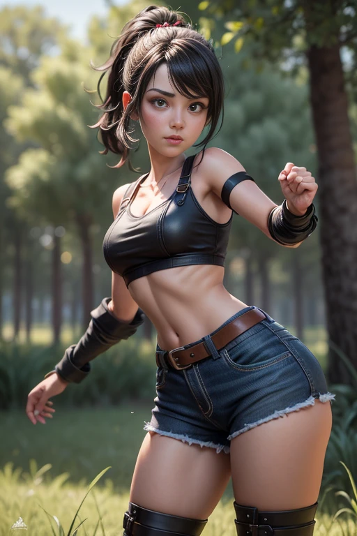 obra maestra, mejor calidad, trabajo de renderizado 3d, estilo 3DMM, de cerca, retrato, 3D, 1 chica, 1 chica, solo, hermoso soldado arrodillado, a cuatro patas, de espaldas al espectador, En el campo de batalla, cansado, cuerpo muy sucio, sucio con polvo, short cortos de mujer, con ropa rota, restos de ropa, sudor, cuerpo sudoroso, gotas de sudor, vagina visible, suelas sucias, pelo negro largo, pelo negro, realista, Tifa Lockhart, (Visible small breasts, Mostrando el Movimiento Scout).