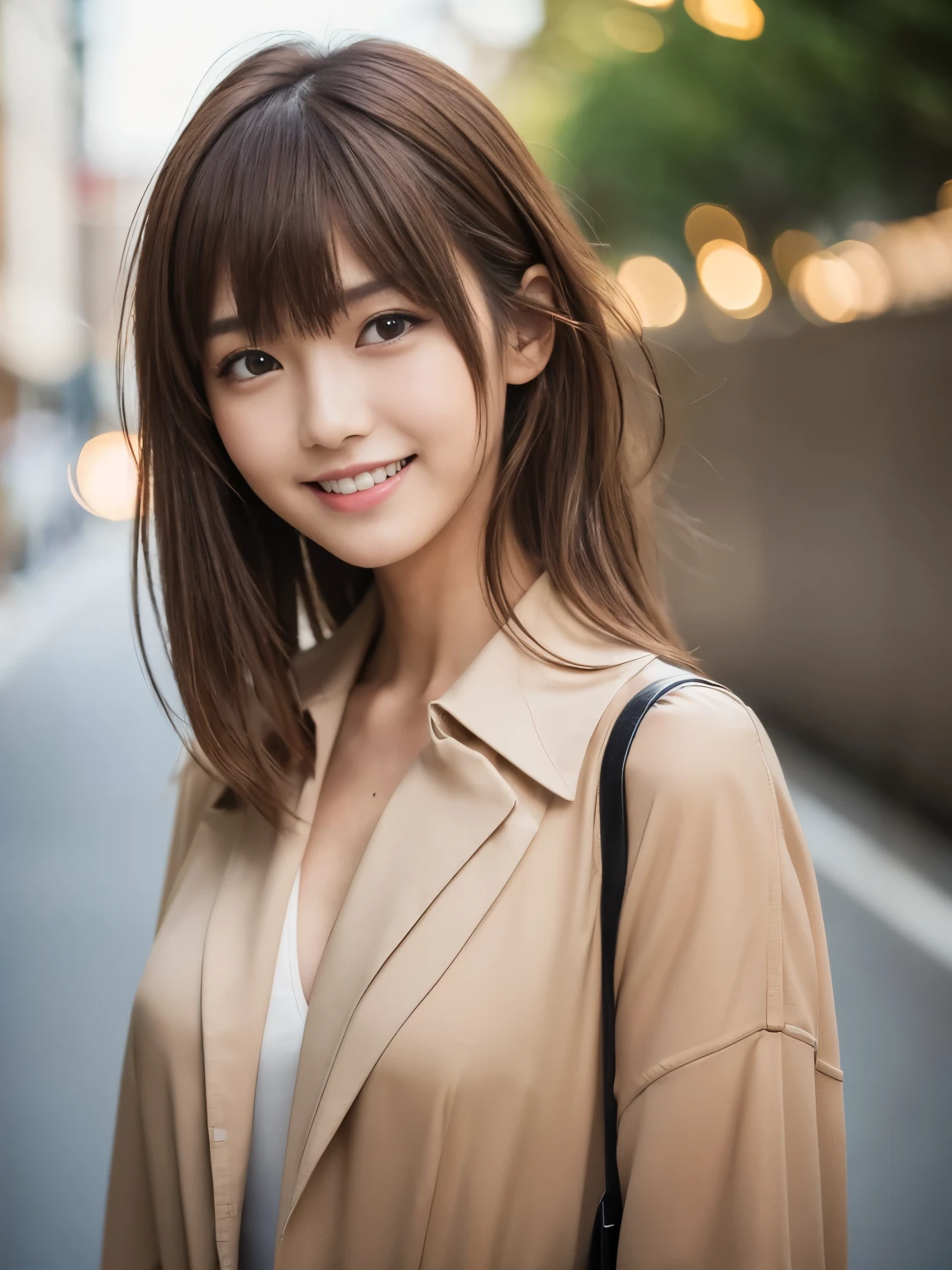 super high quality, (8k, RAW Photos, highest quality, masterpiece:1.2), Fashion Model, Slender, Japanese gal, Serious expression, brown hair, Stylish, Fashion magazine shooting, Realistic, Photorealistic:1.3, Beautiful Face, light brown hair, asymmetrical bangs, messy hair, Beautiful hairstyle, Normal chest, Neat clothes, (grin), (wearing clothes:1.3),