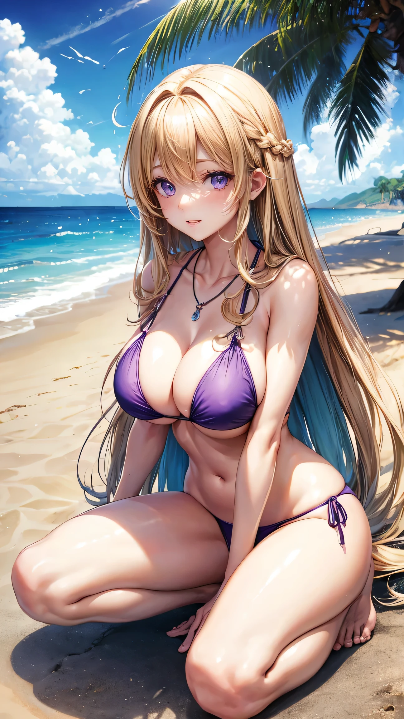 (((Large Breasts))), Long Hair, Blonde、Purple eyes、necklace, Beach, Seaside, Coco, Pale blue bikini, coastal, Feldspar step platform.