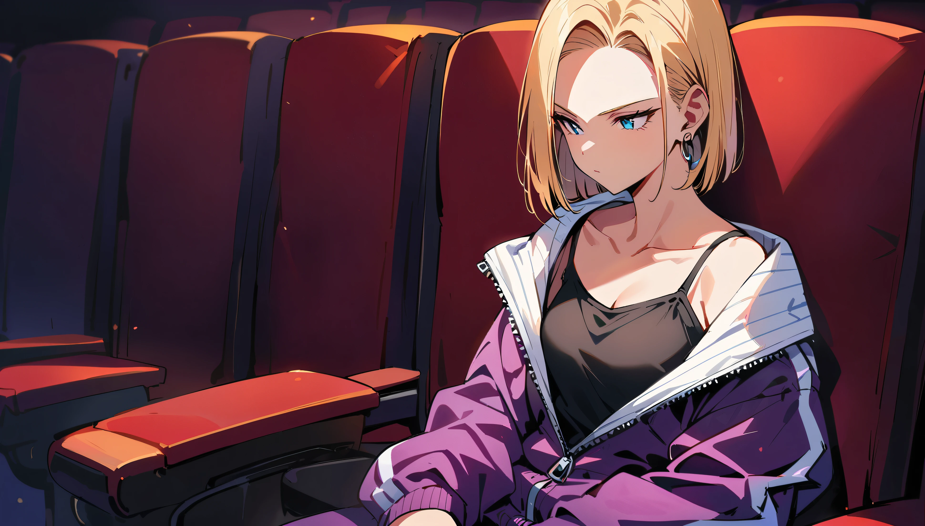 (masterpiece, best quality:1.2), shot from waist up with hands at sides showing only collarbone and a hint of black camisole without zipper worn under tracksuit top with zipper partway unzipped to cover shoulders, solo, Android 18 from Dragon Ball, sitting in a bright red traditional movie theater chair without any monitors in a row of identical seats, wearing a vibrant purple tracksuit top with zipper naturally partway unzipped to reveal plain black camisole underneath while covering shoulders, vivid purple tracksuit bottoms with white stripes down the sides, short blonde hair loose, eyes focused ahead, earrings on earlobes, slender feminine figure, narrow waistline, plain movie theater background with dim lighting, 4K